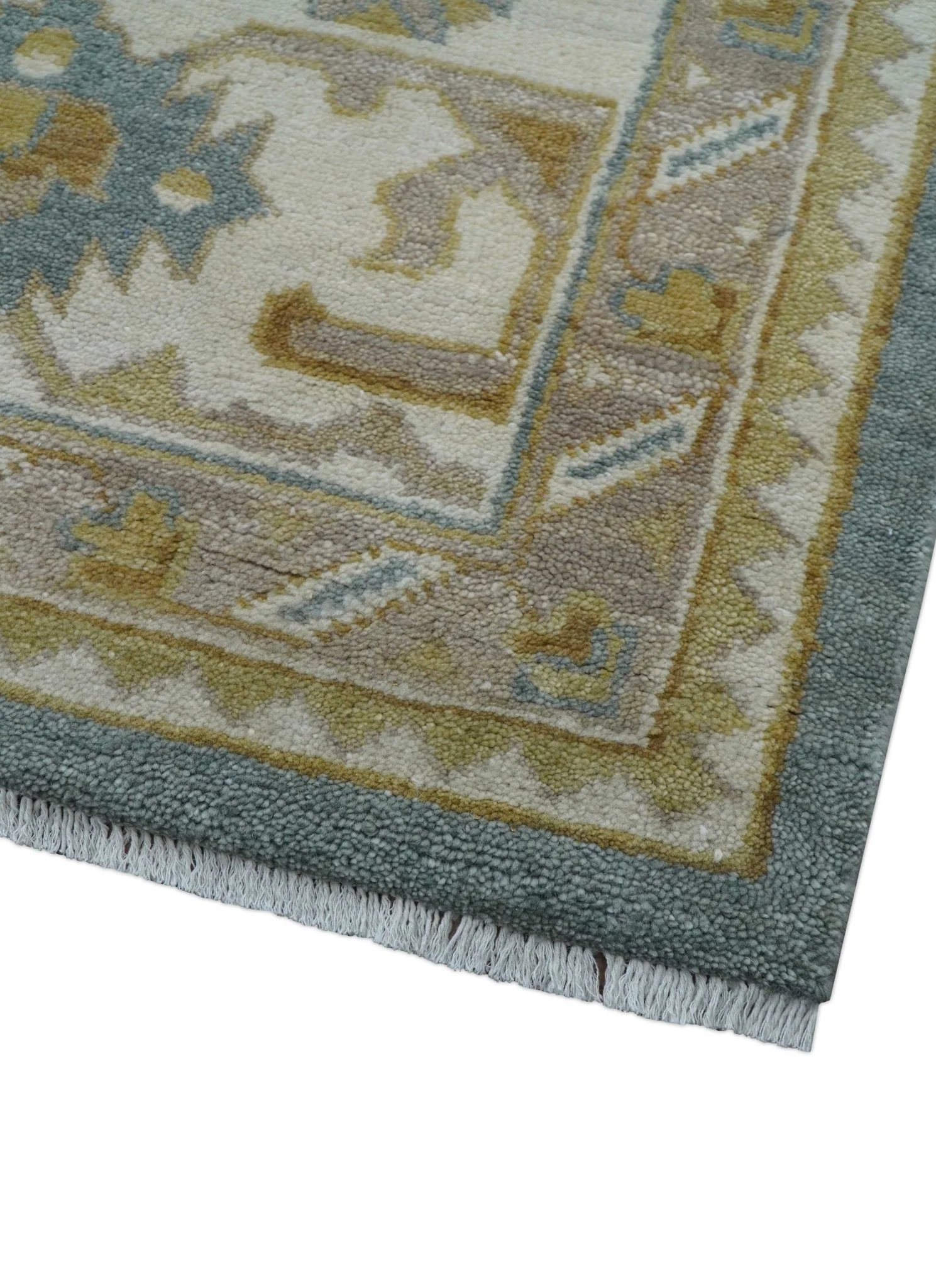 Traditional Oushak Design Blue And Beige 10x14 Hand Knotted Wool Rug - Image 6
