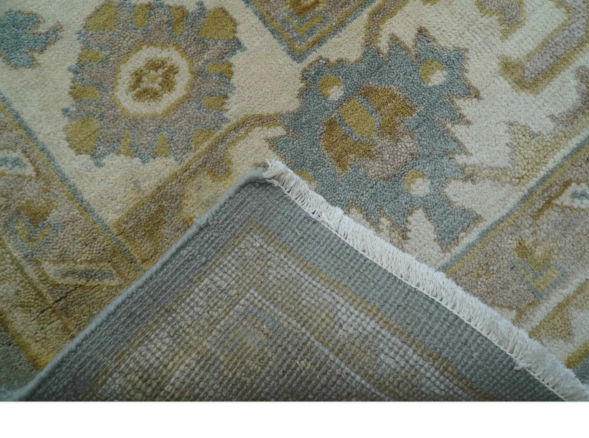 Traditional Oushak Design Blue And Beige 10x14 Hand Knotted Wool Rug - Image 7