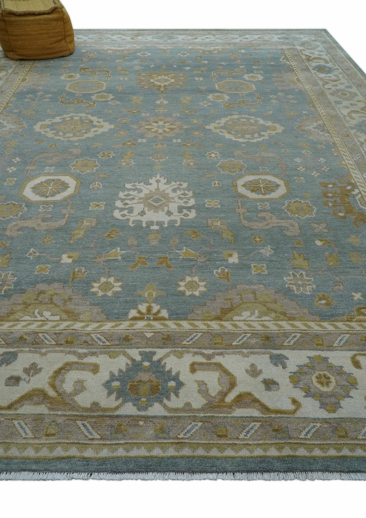 Traditional Oushak Design Blue And Beige 10x14 Hand Knotted Wool Rug - Image 9