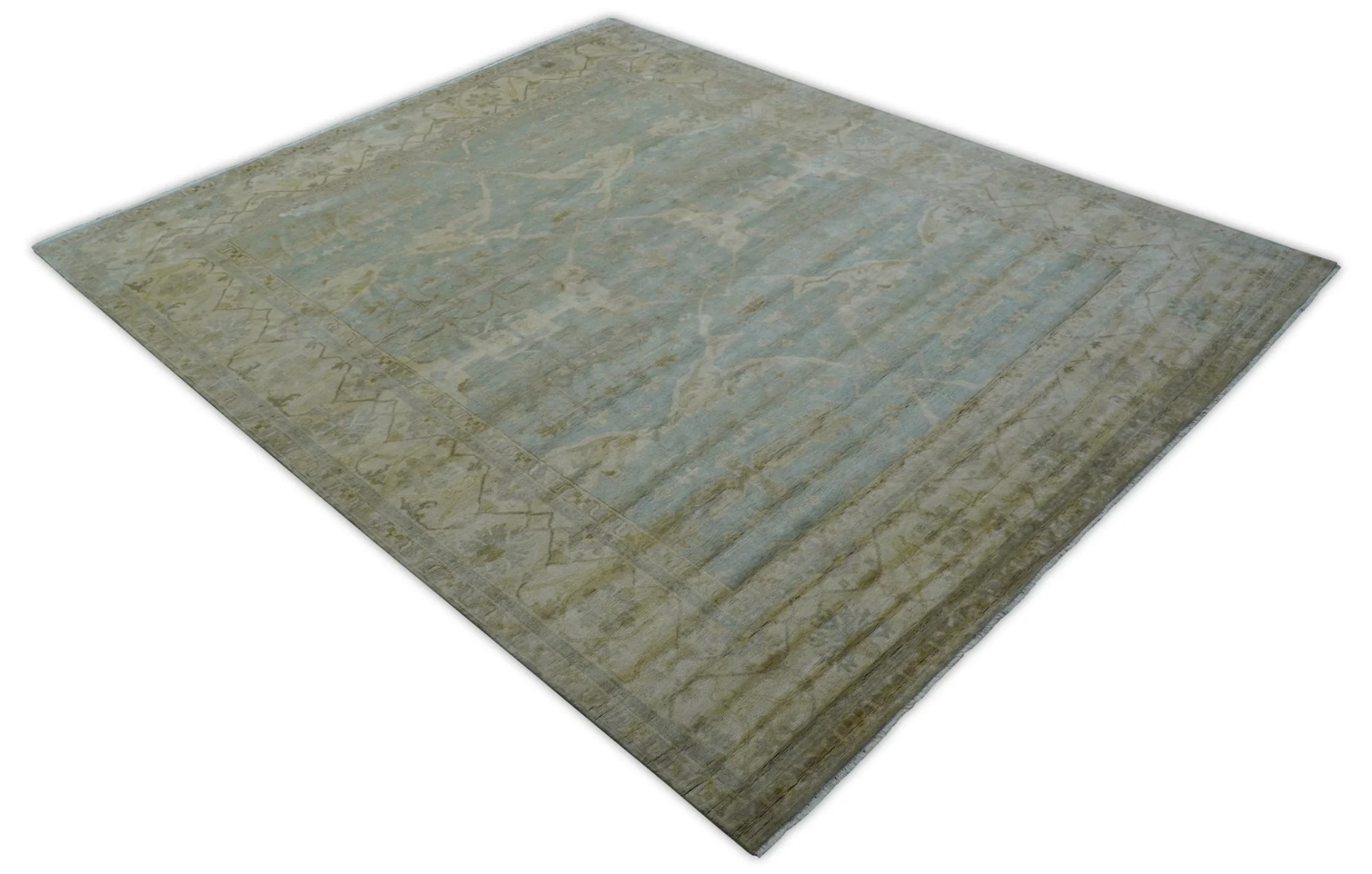 Traditional Oushak Design Blue And Beige 12x15 Hand Knotted Wool Rug - Image 10