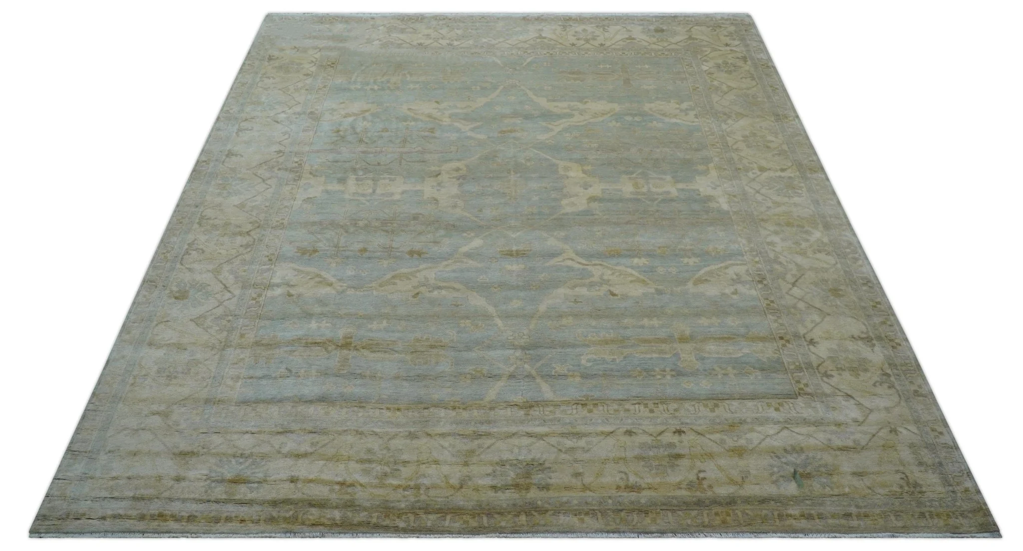 Traditional Oushak Design Blue And Beige 12x15 Hand Knotted Wool Rug - Image 11