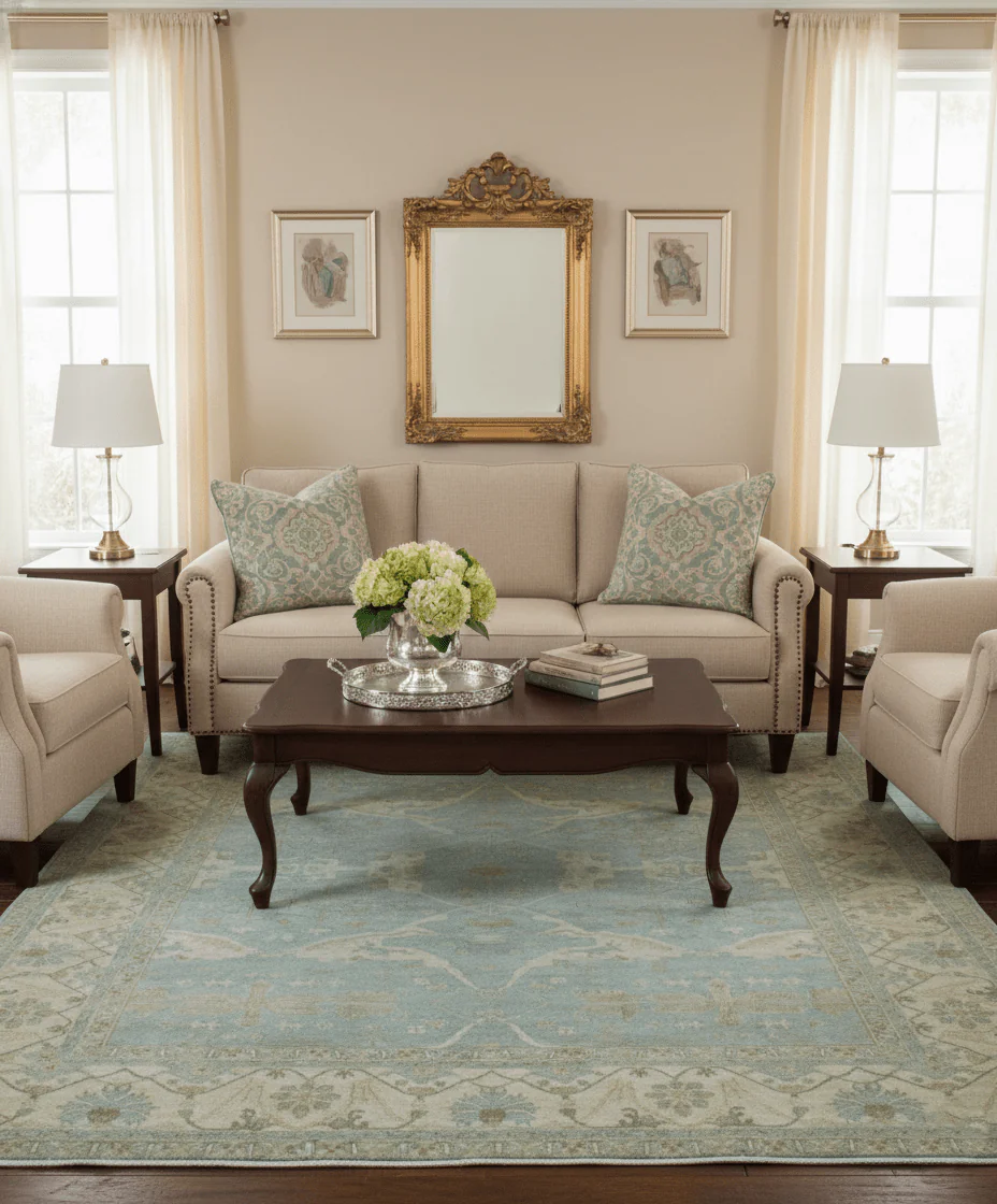 Traditional Oushak Design Blue And Beige 12x15 Hand Knotted Wool Rug - Image 2