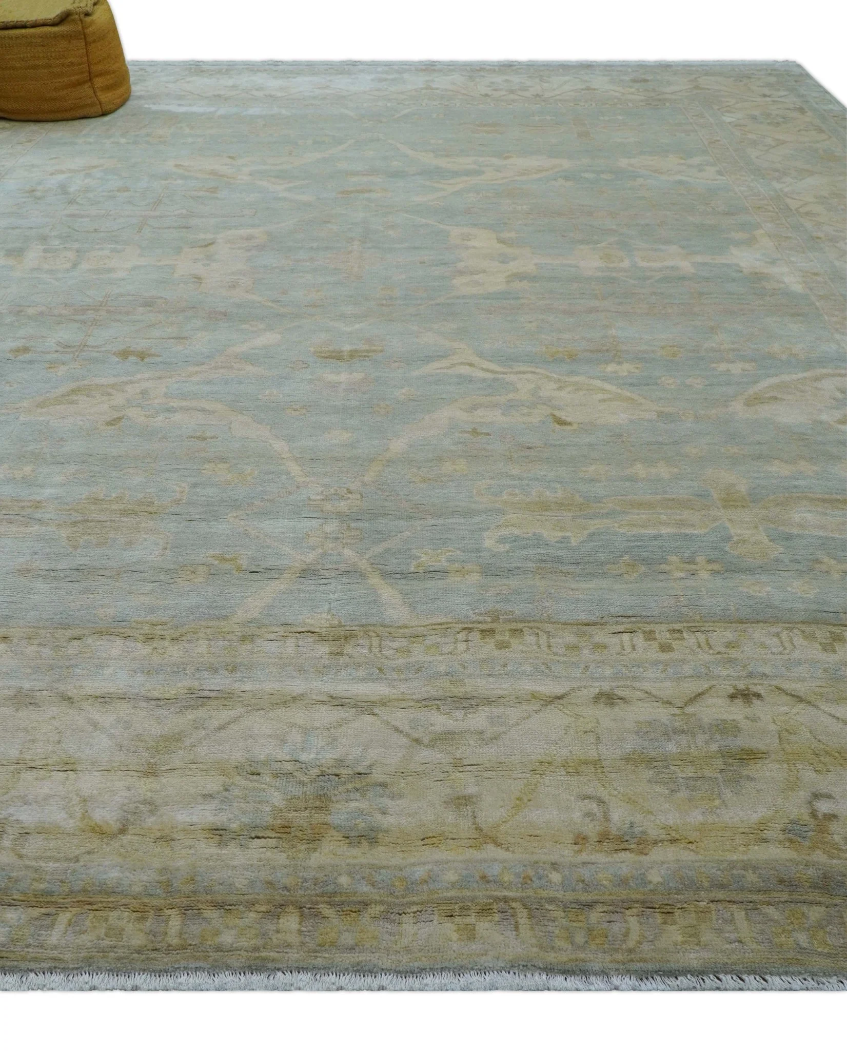 Traditional Oushak Design Blue And Beige 12x15 Hand Knotted Wool Rug - Image 9
