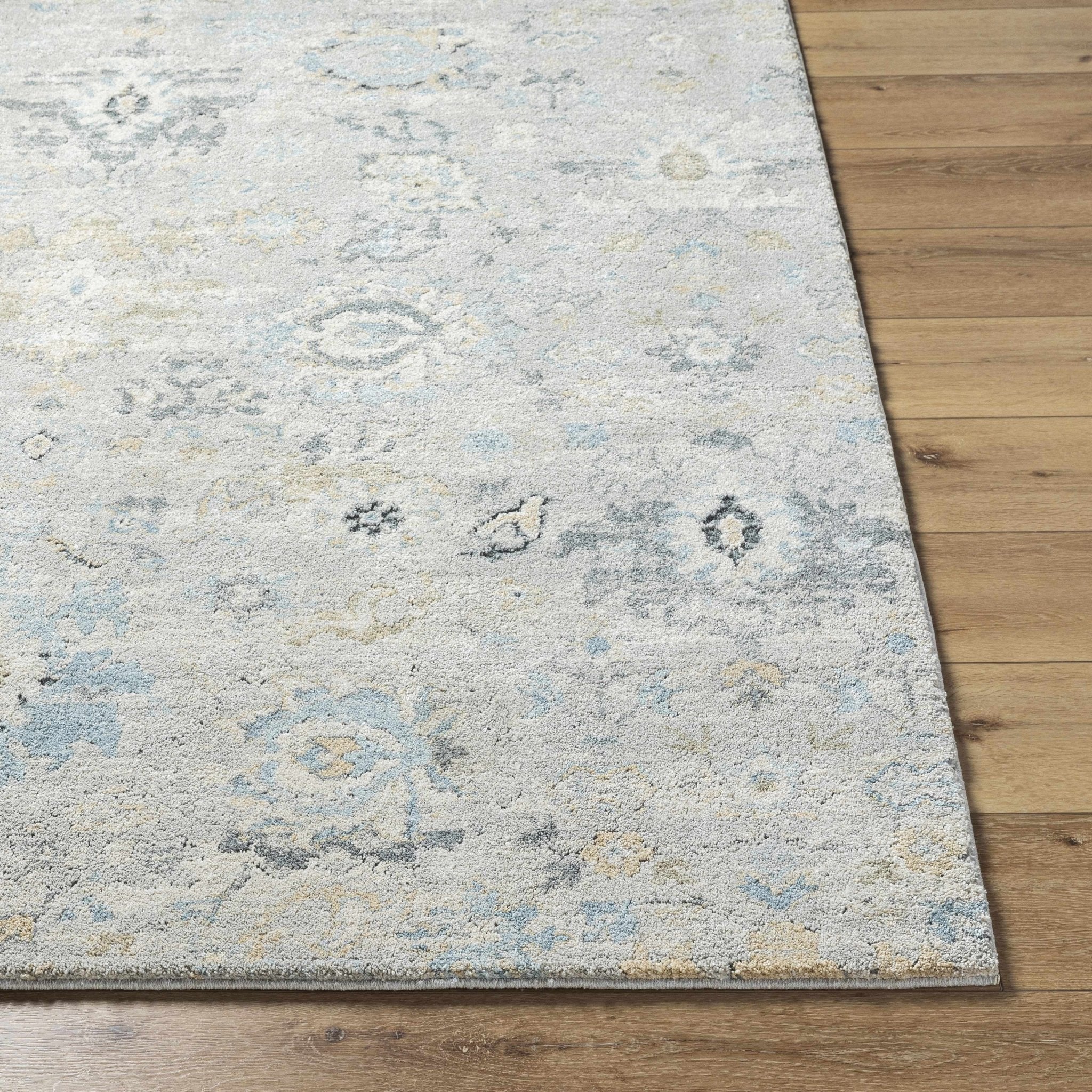 Traditional Oushak Design Gray And Blue Machine Woven Rug - Image 2