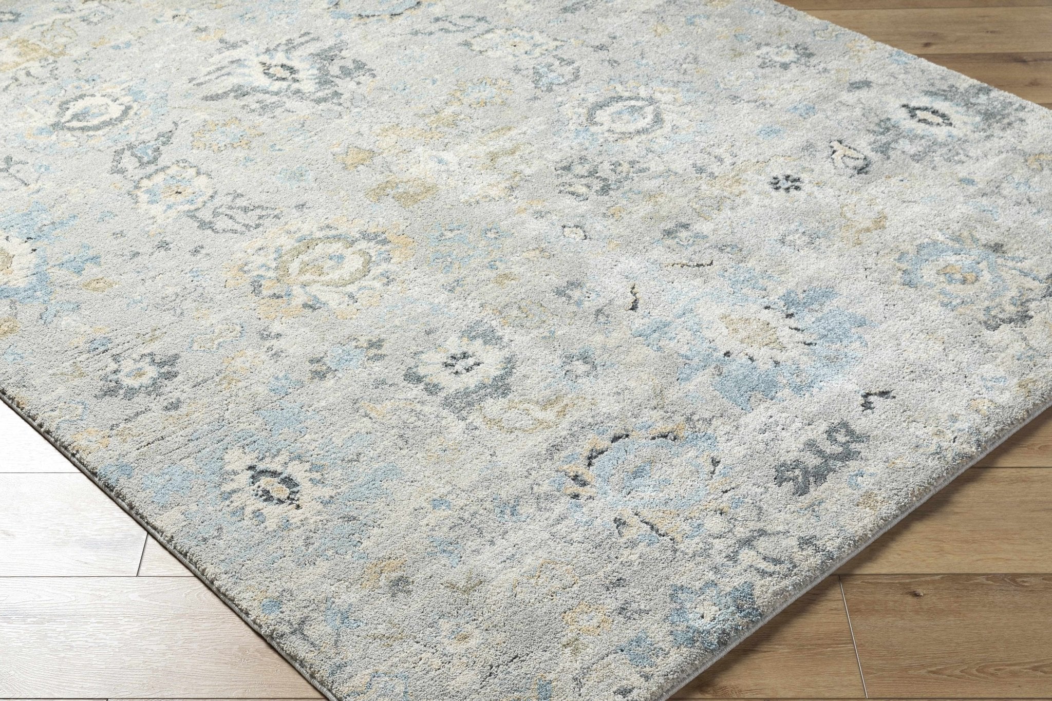 Traditional Oushak Design Gray And Blue Machine Woven Rug - Image 3