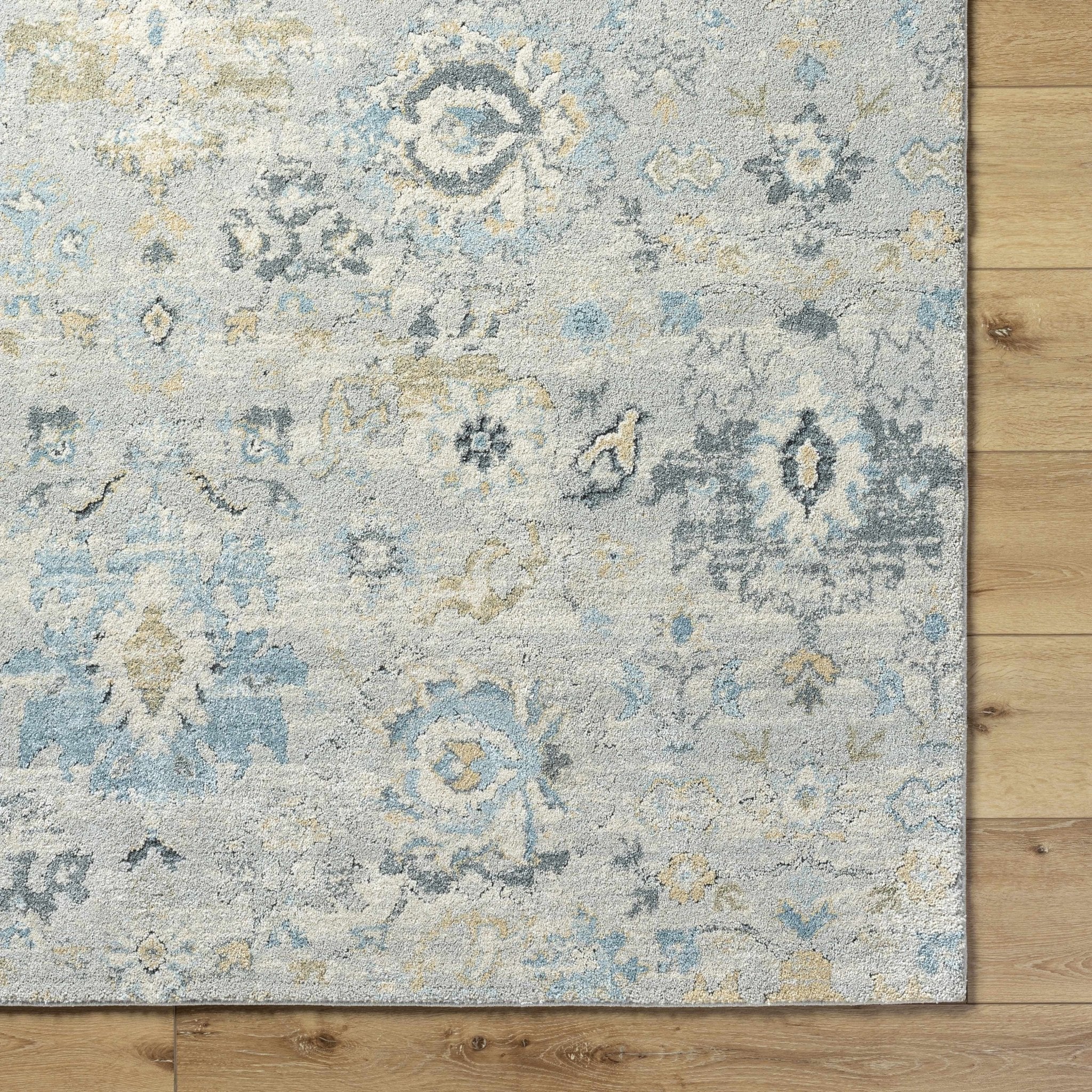 Traditional Oushak Design Gray And Blue Machine Woven Rug - Image 5