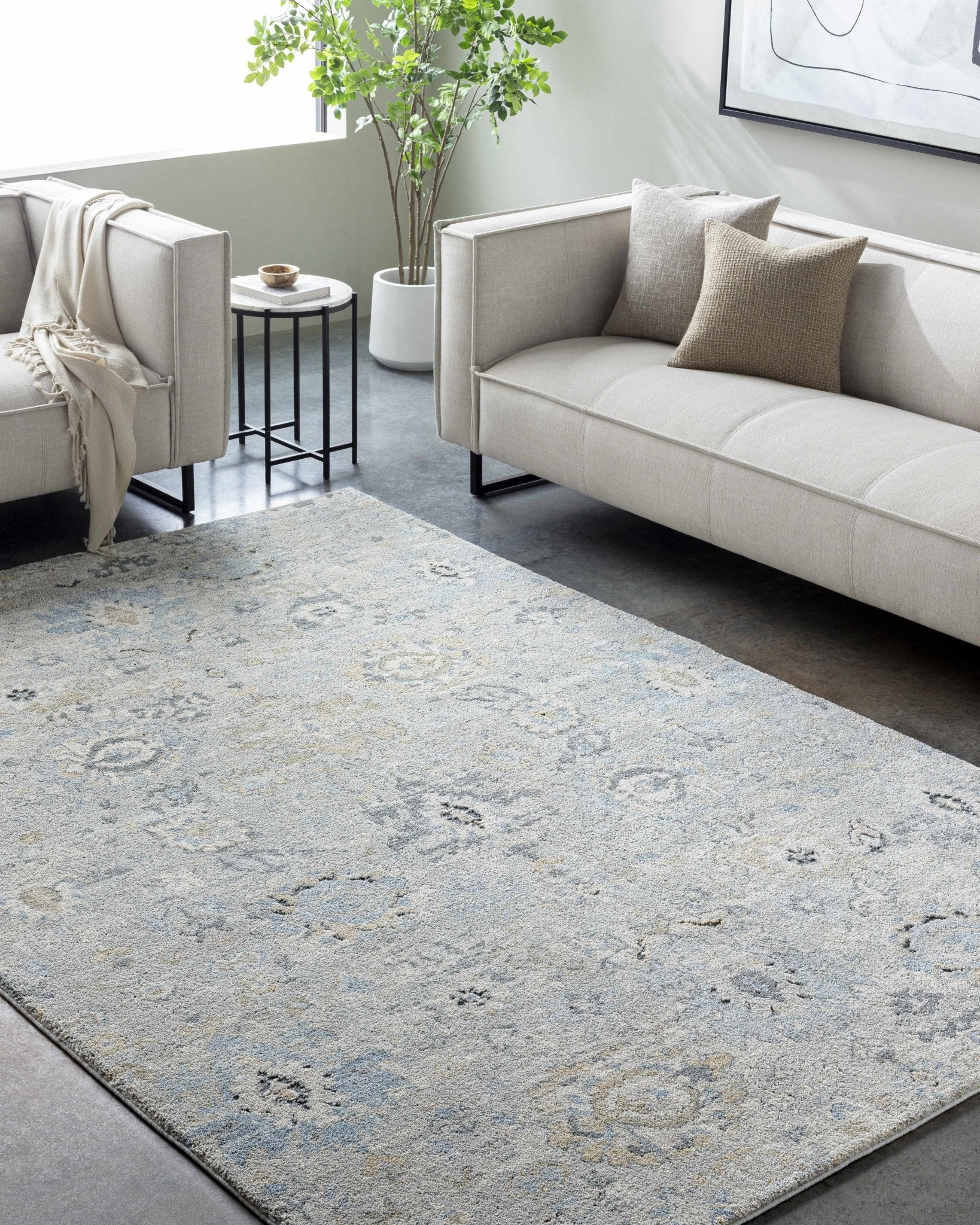 Traditional Oushak Design Gray And Blue Machine Woven Rug - Image 6