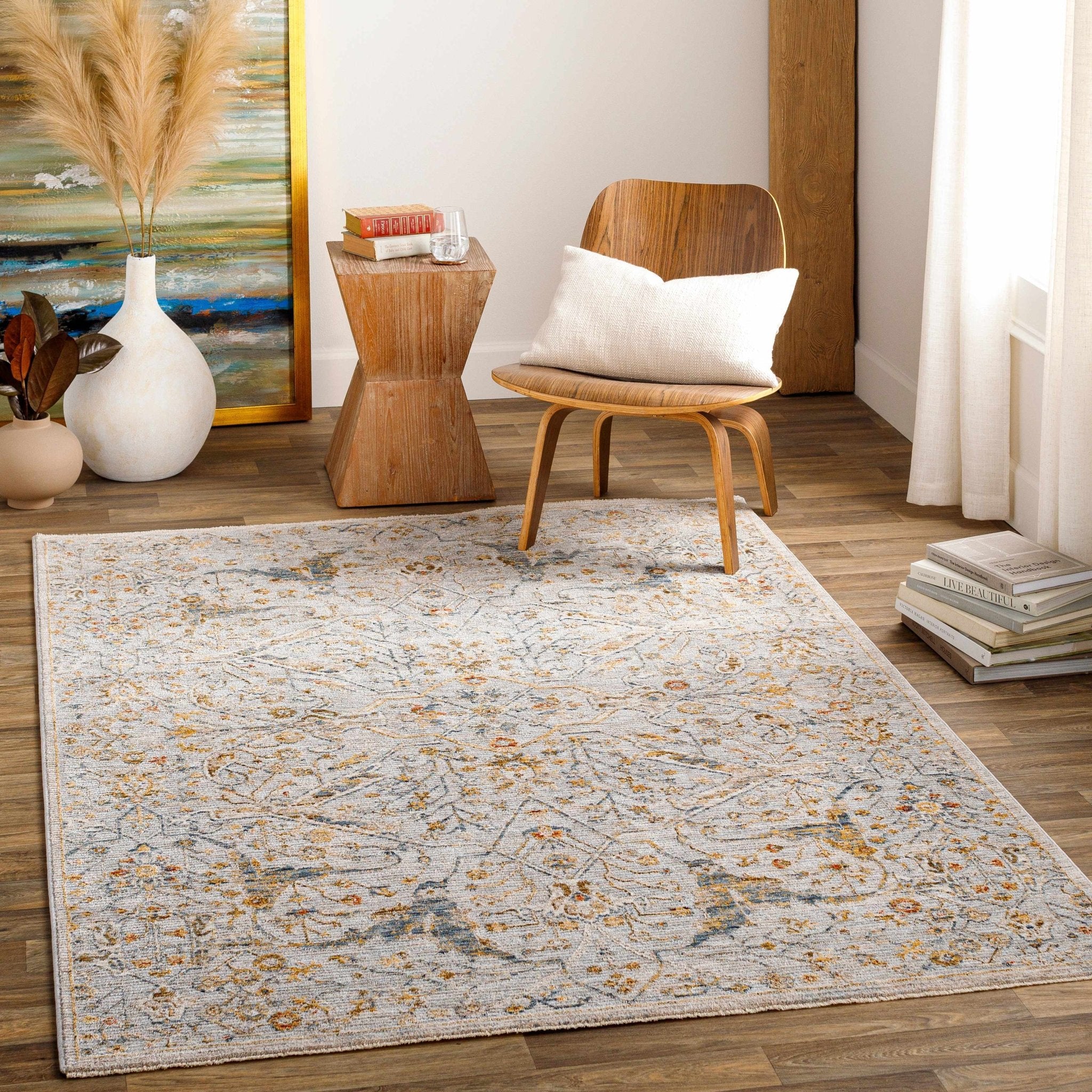 Traditional Oushak Design Gray Machine Woven Rug - Image 3