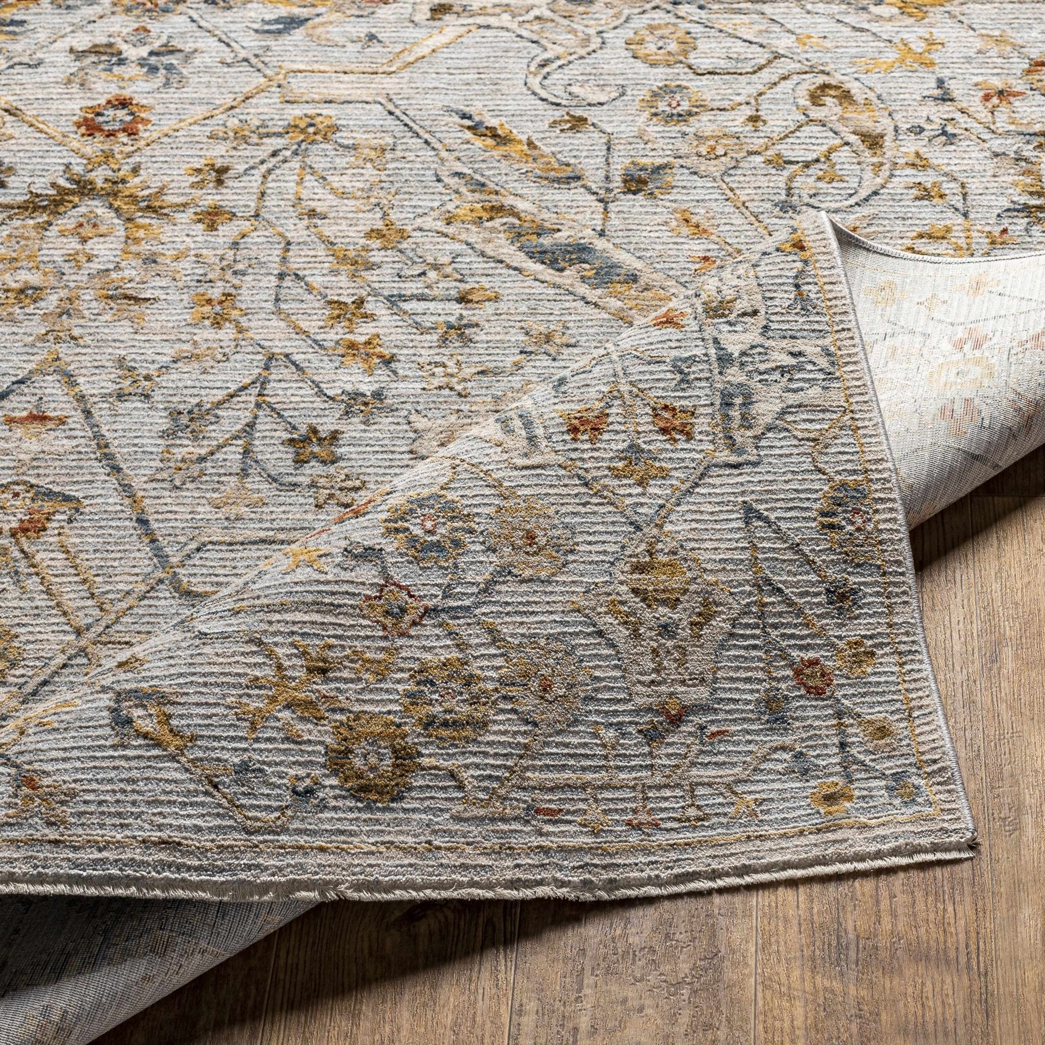 Traditional Oushak Design Gray Machine Woven Rug - Image 6