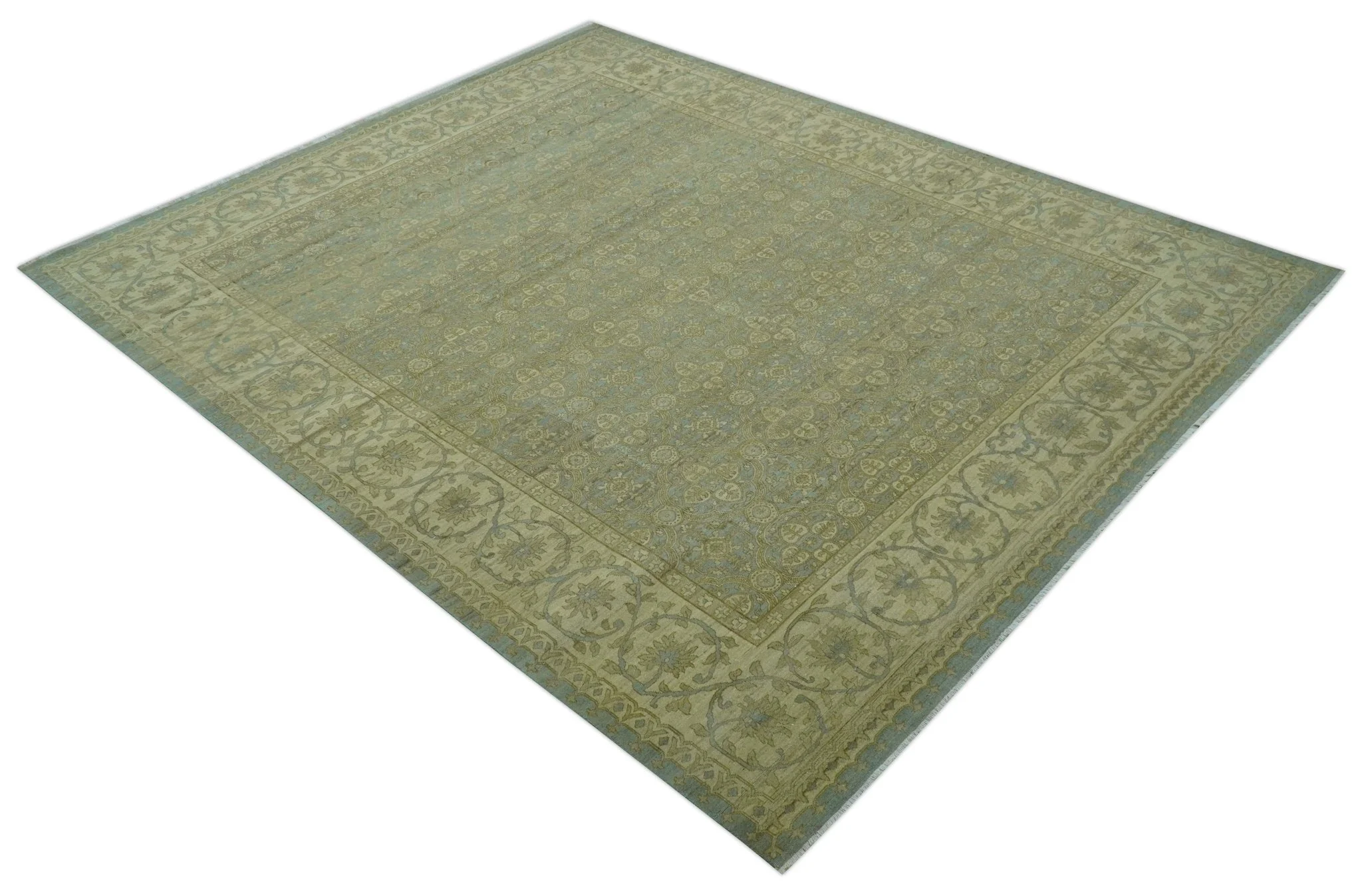 Traditional Oushak Design Green And Blue 11.5x14.6 Hand Knotted Wool Area Rug - Image 4