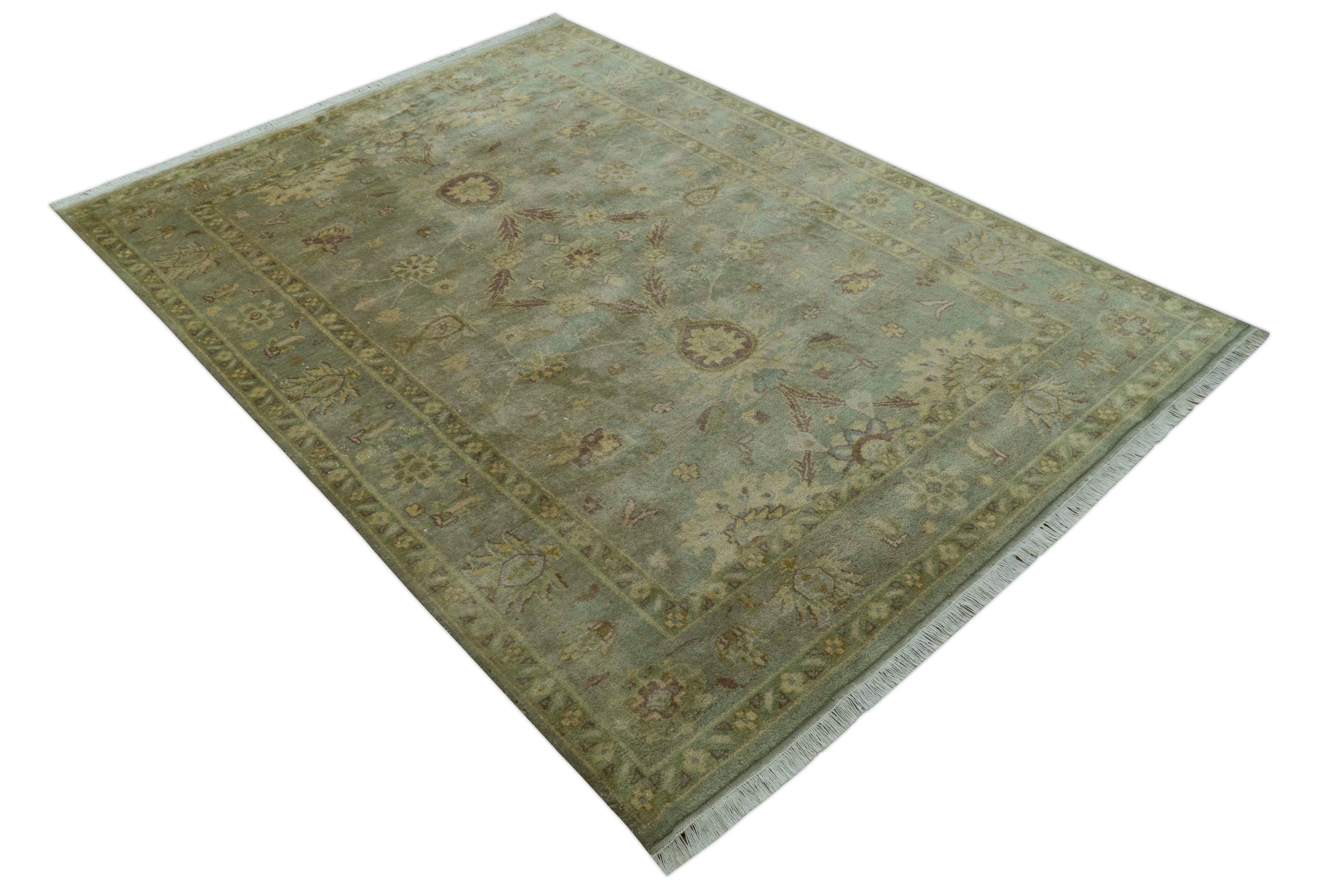Traditional Oushak Design Antique Green And Brown  6x9 Hand Knotted Wool Rug - Image 11