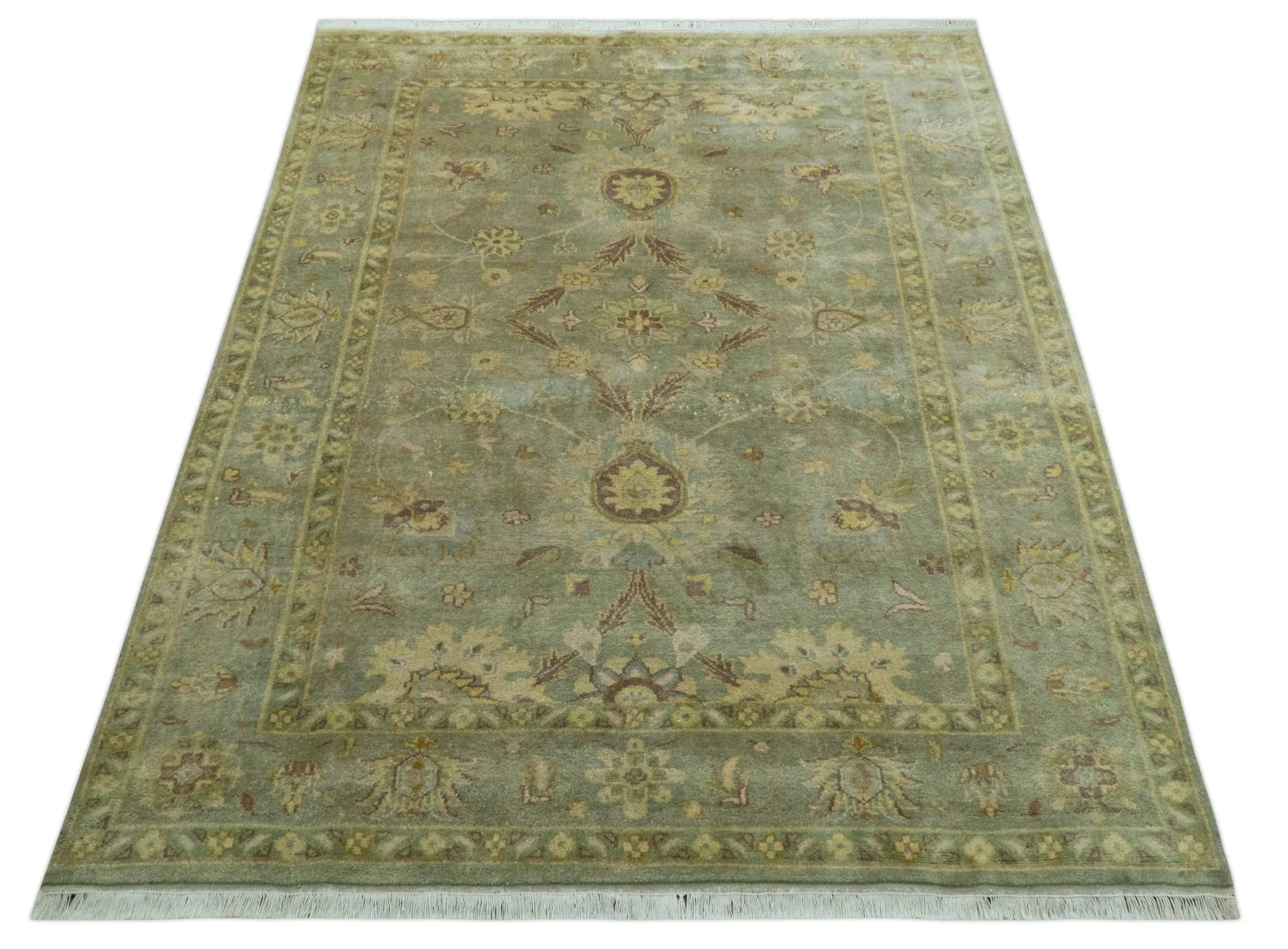 Traditional Oushak Design Antique Green And Brown  6x9 Hand Knotted Wool Rug - Image 12