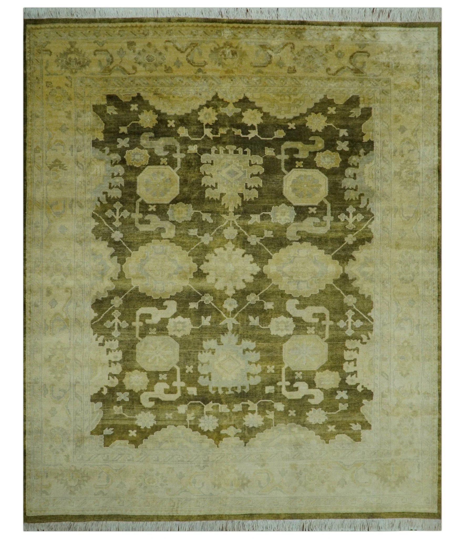 Traditional Oushak Design Olive And Beige Hand Knotted 8x10 Wool Area Rug - Image 10