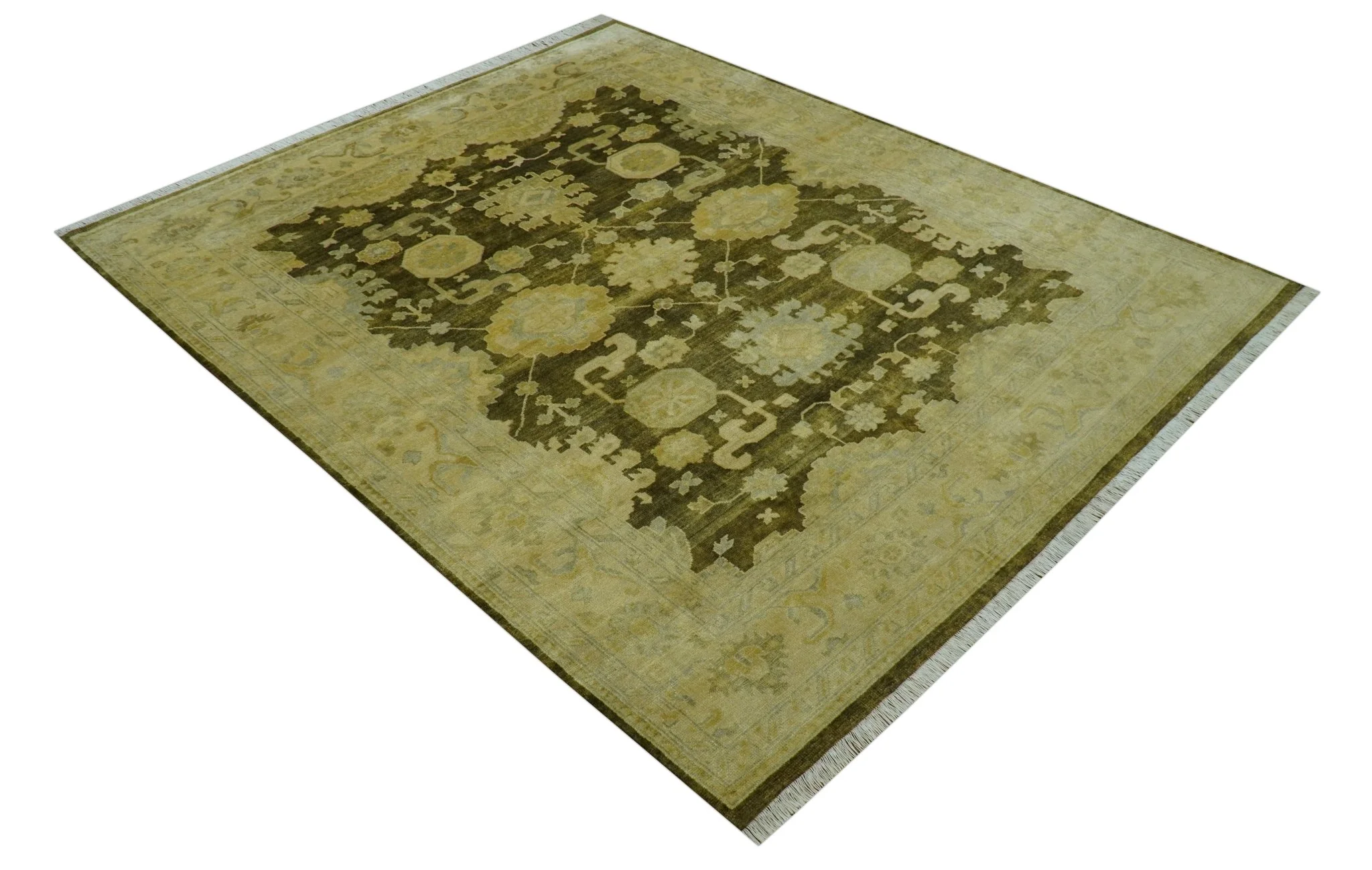 Traditional Oushak Design Olive And Beige Hand Knotted 8x10 Wool Area Rug - Image 11