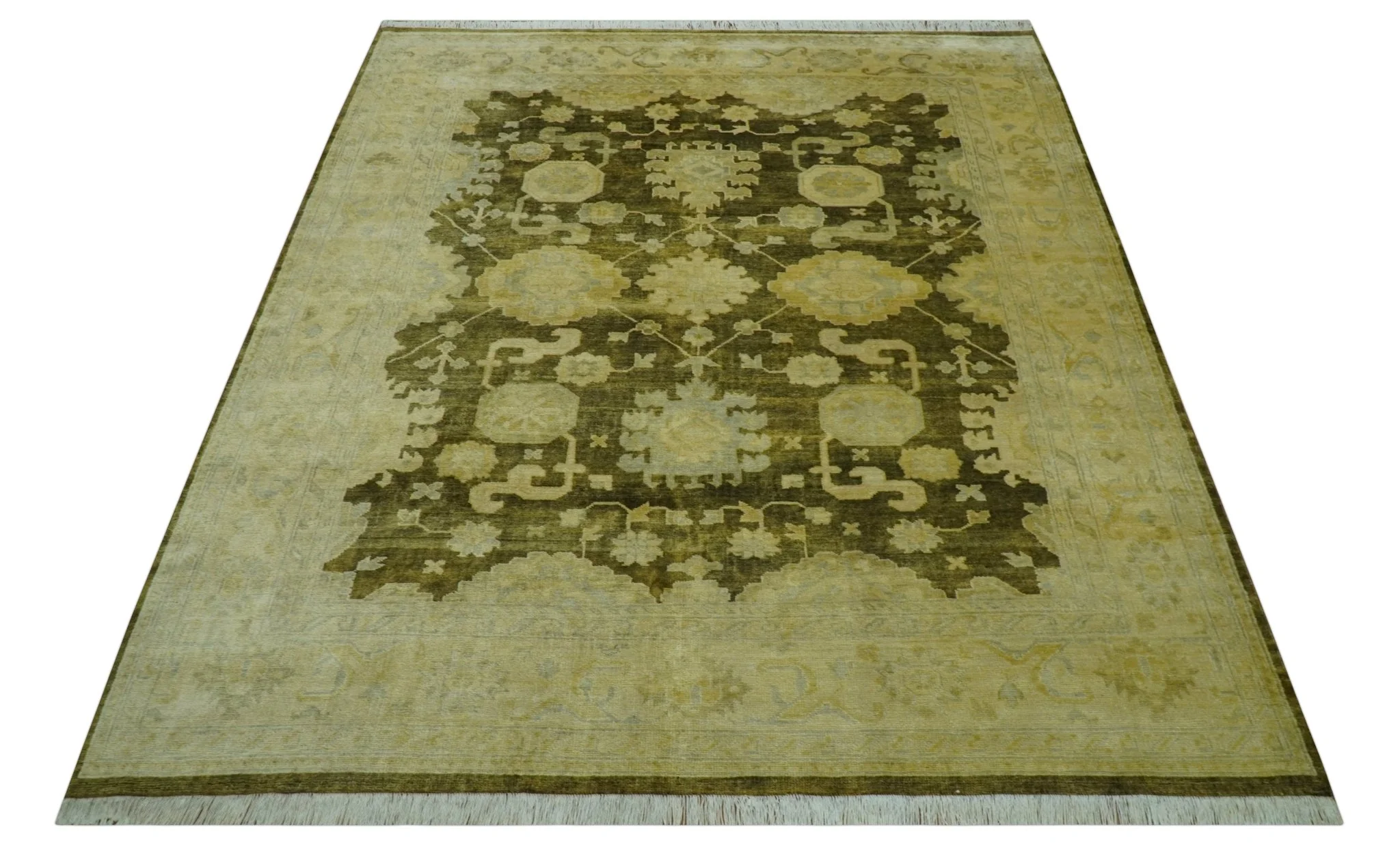Traditional Oushak Design Olive And Beige Hand Knotted 8x10 Wool Area Rug - Image 12