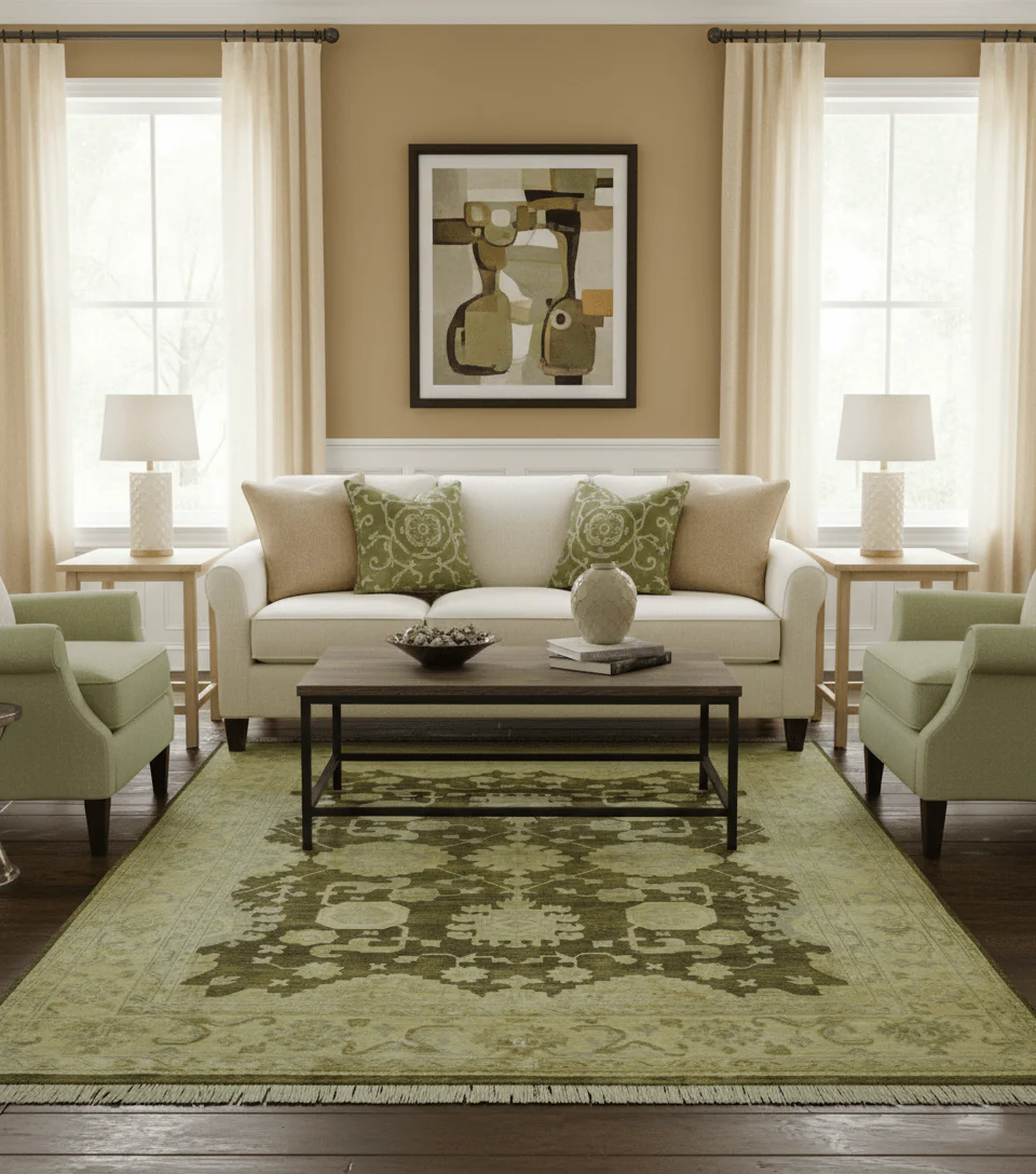 Traditional Oushak Design Olive And Beige Hand Knotted 8x10 Wool Area Rug - Image 2