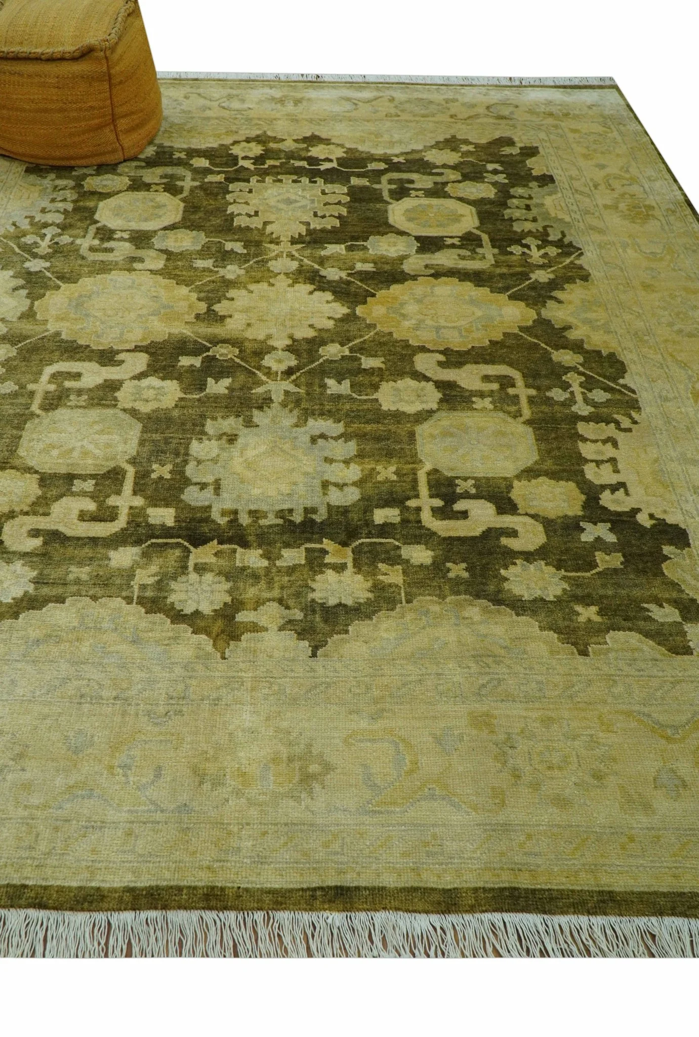 Traditional Oushak Design Olive And Beige Hand Knotted 8x10 Wool Area Rug - Image 3