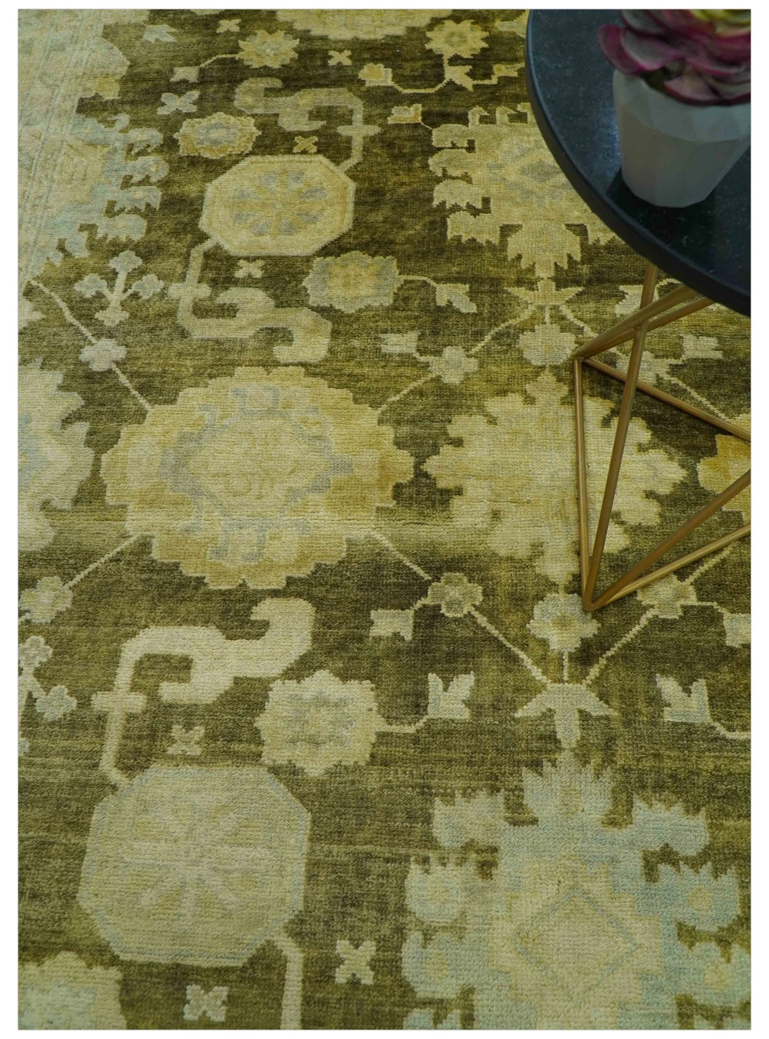 Traditional Oushak Design Olive And Beige Hand Knotted 8x10 Wool Area Rug - Image 4