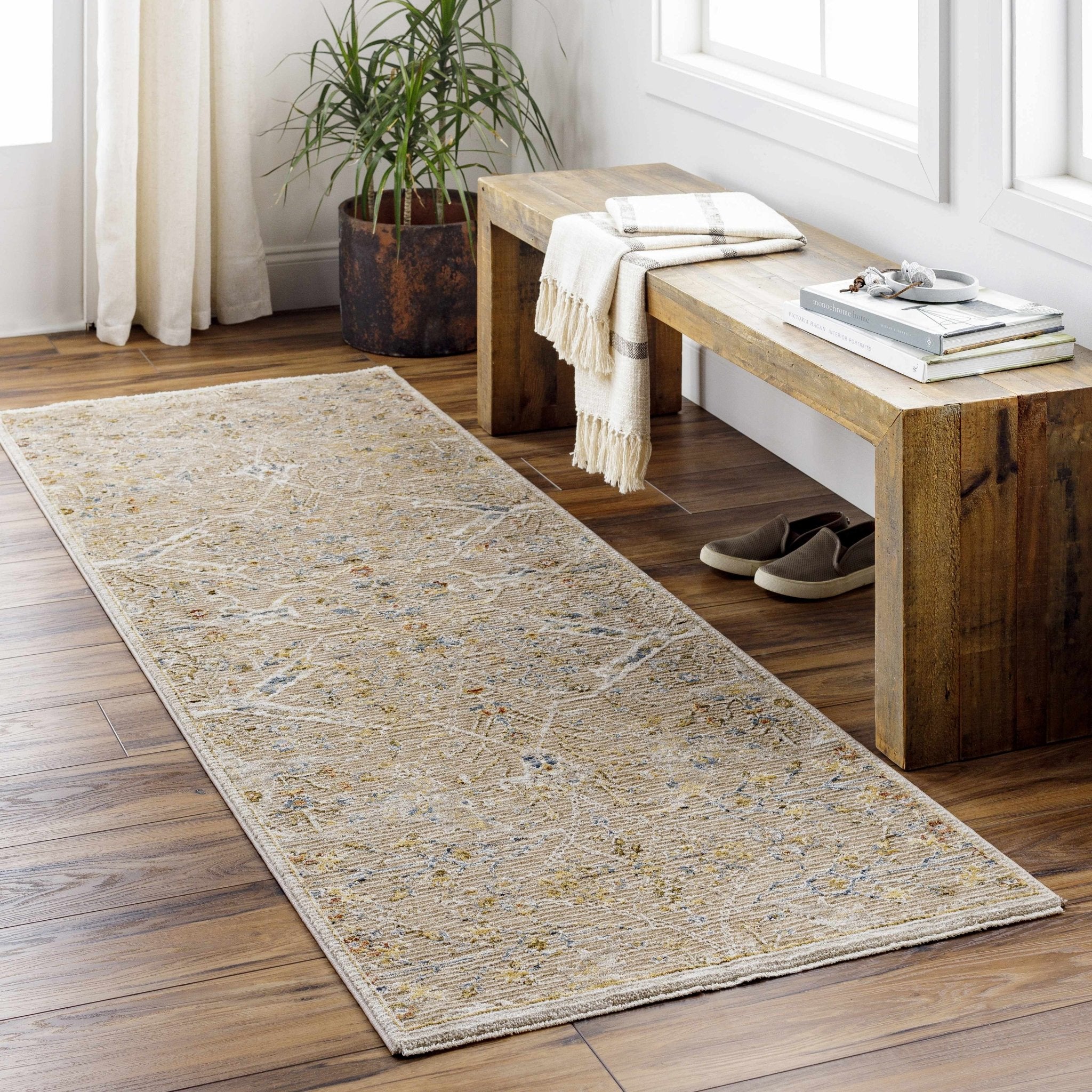 Traditional Oushak Design Tan Machine Woven Area Rug - Image 4