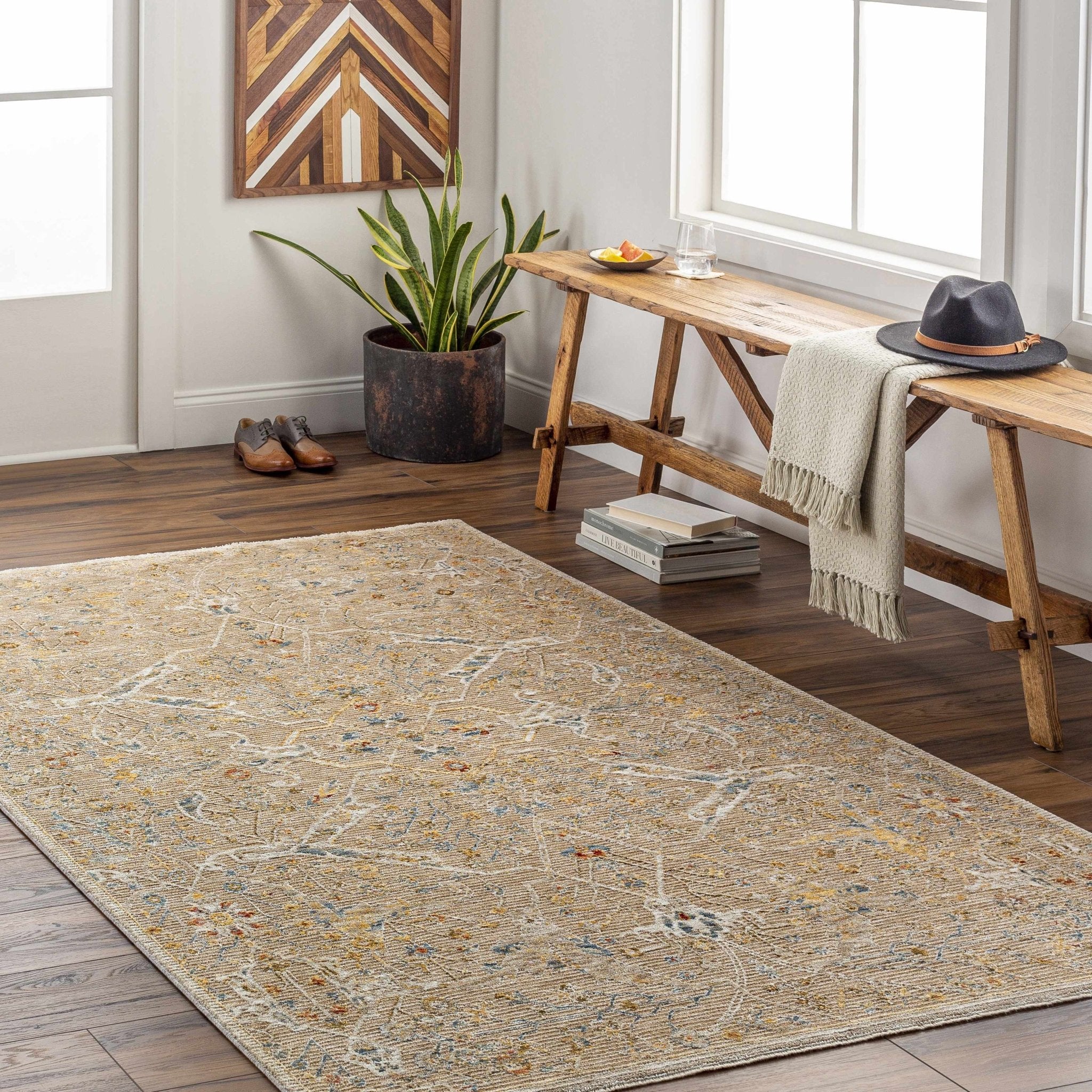 Traditional Oushak Design Tan Machine Woven Area Rug - Image 8