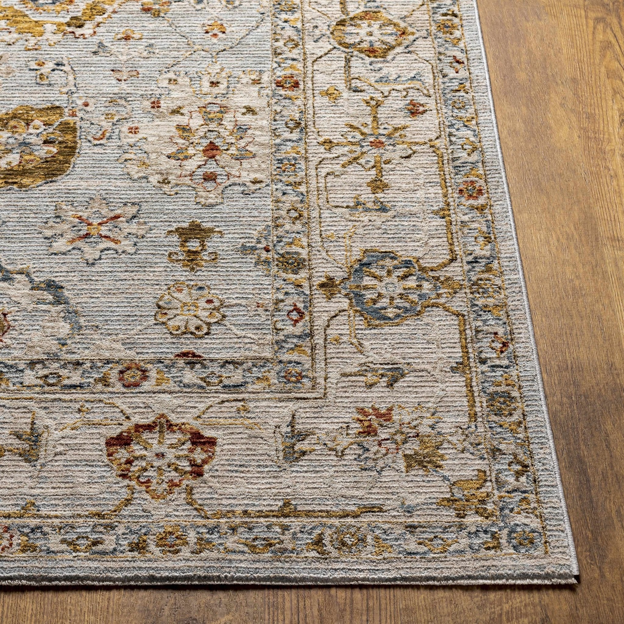 Traditional Oushak Style Cream Machine Woven Rug - Image 10