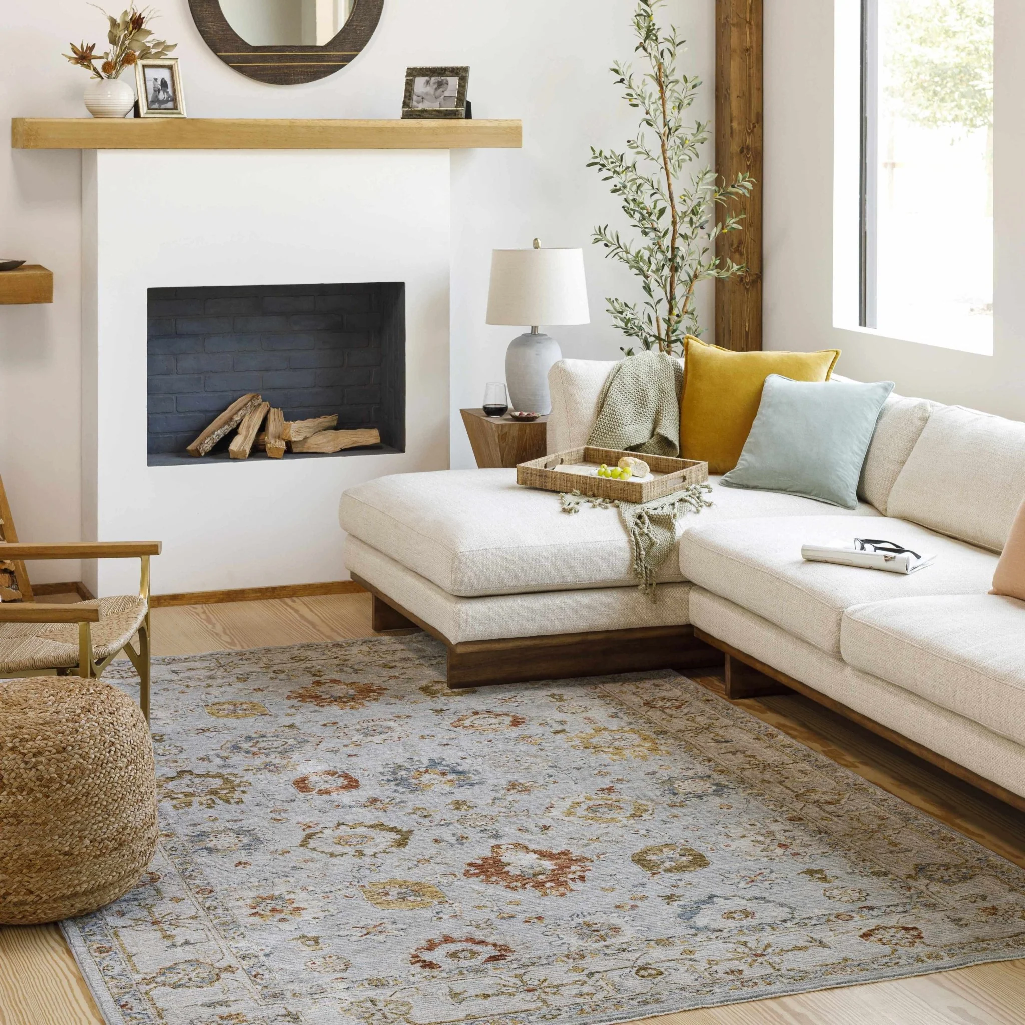 Traditional Oushak Style Cream Machine Woven Rug - Image 2