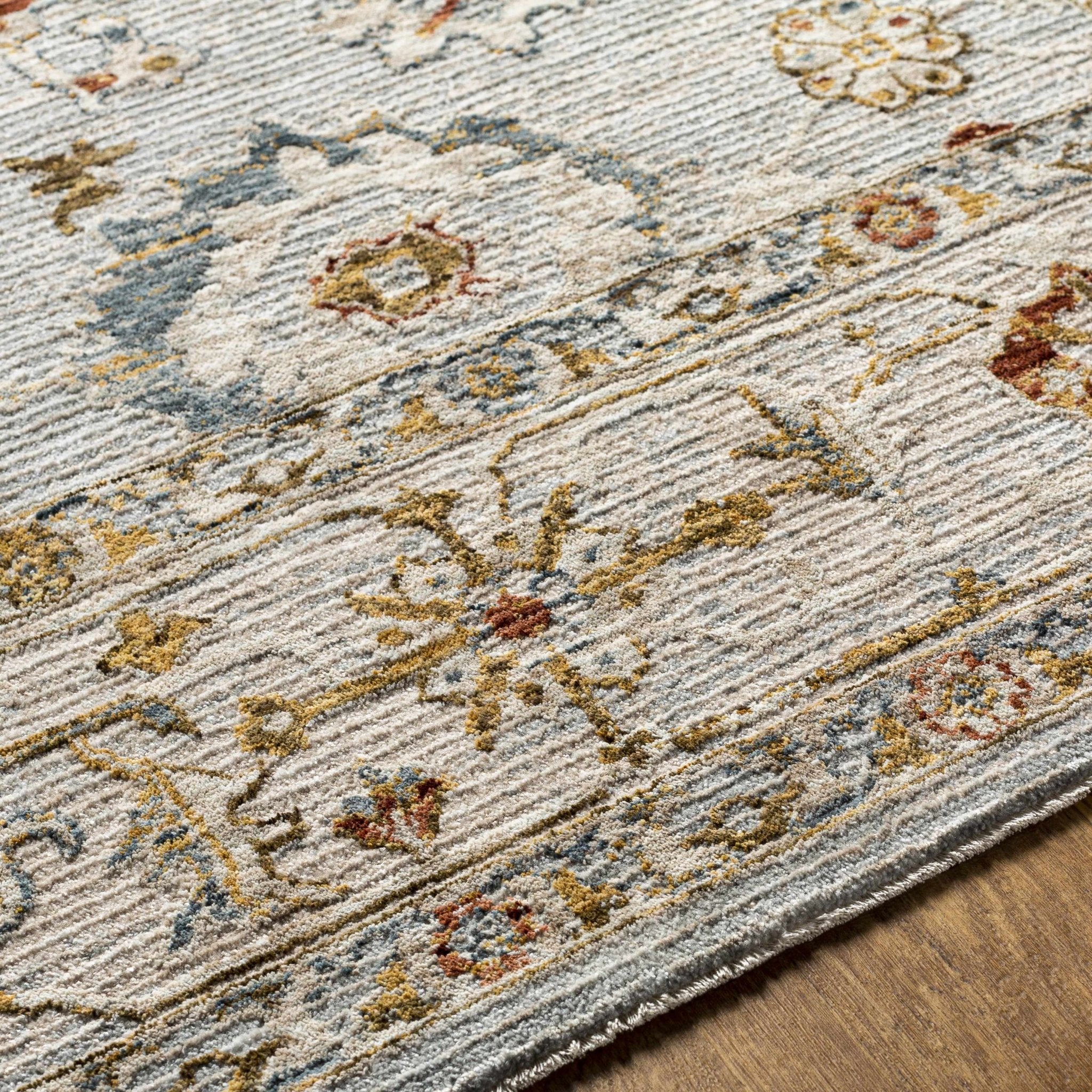 Traditional Oushak Style Cream Machine Woven Rug - Image 4