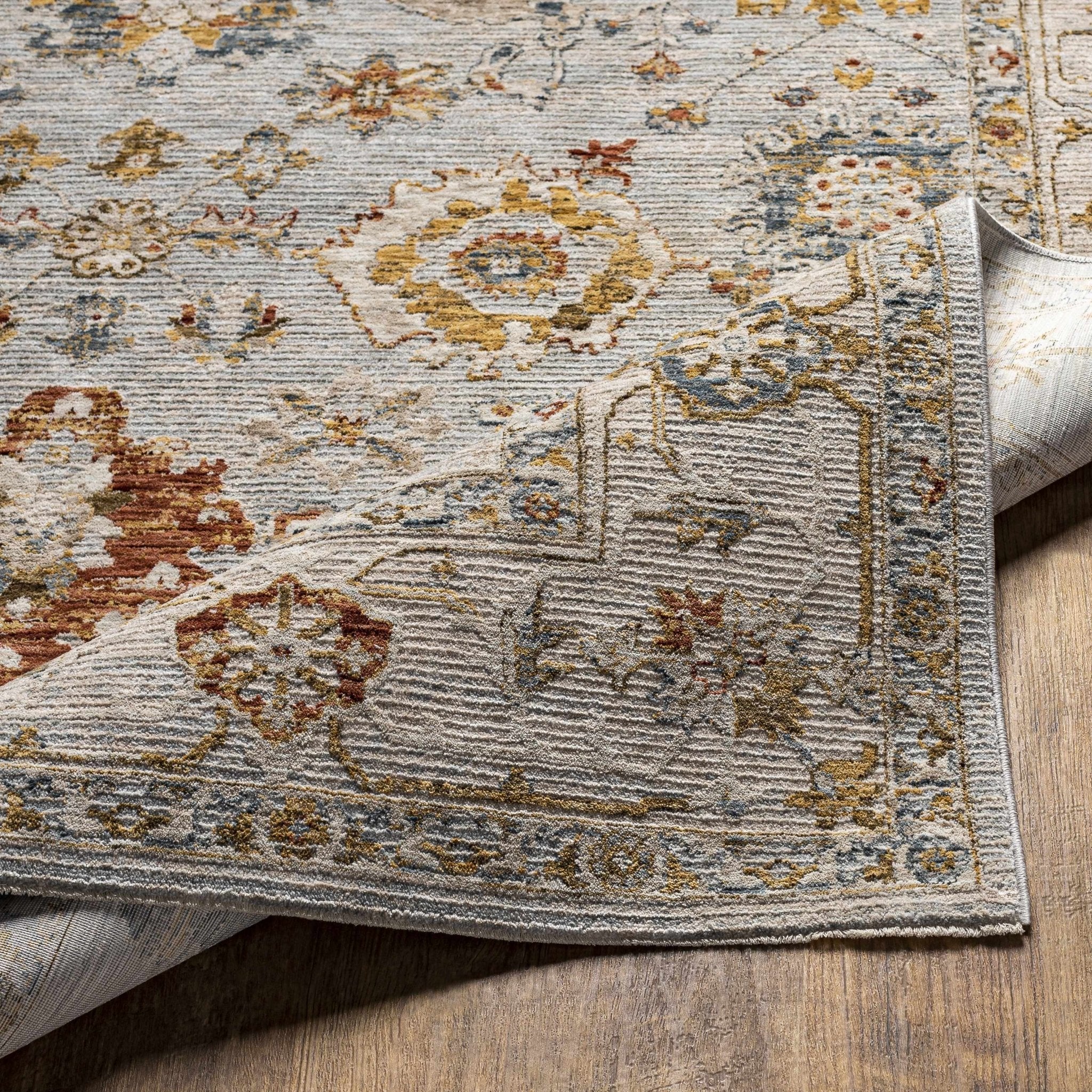 Traditional Oushak Style Cream Machine Woven Rug - Image 5
