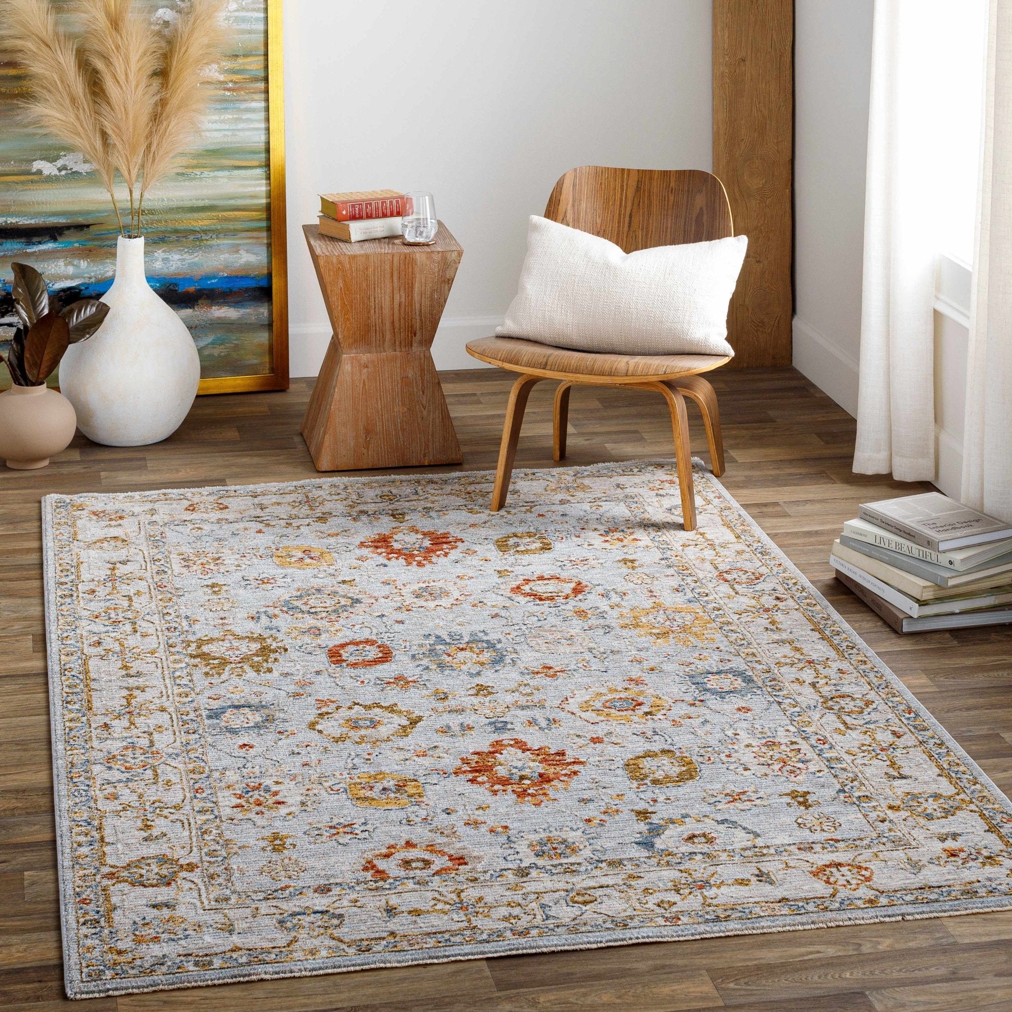 Traditional Oushak Style Cream Machine Woven Rug - Image 6