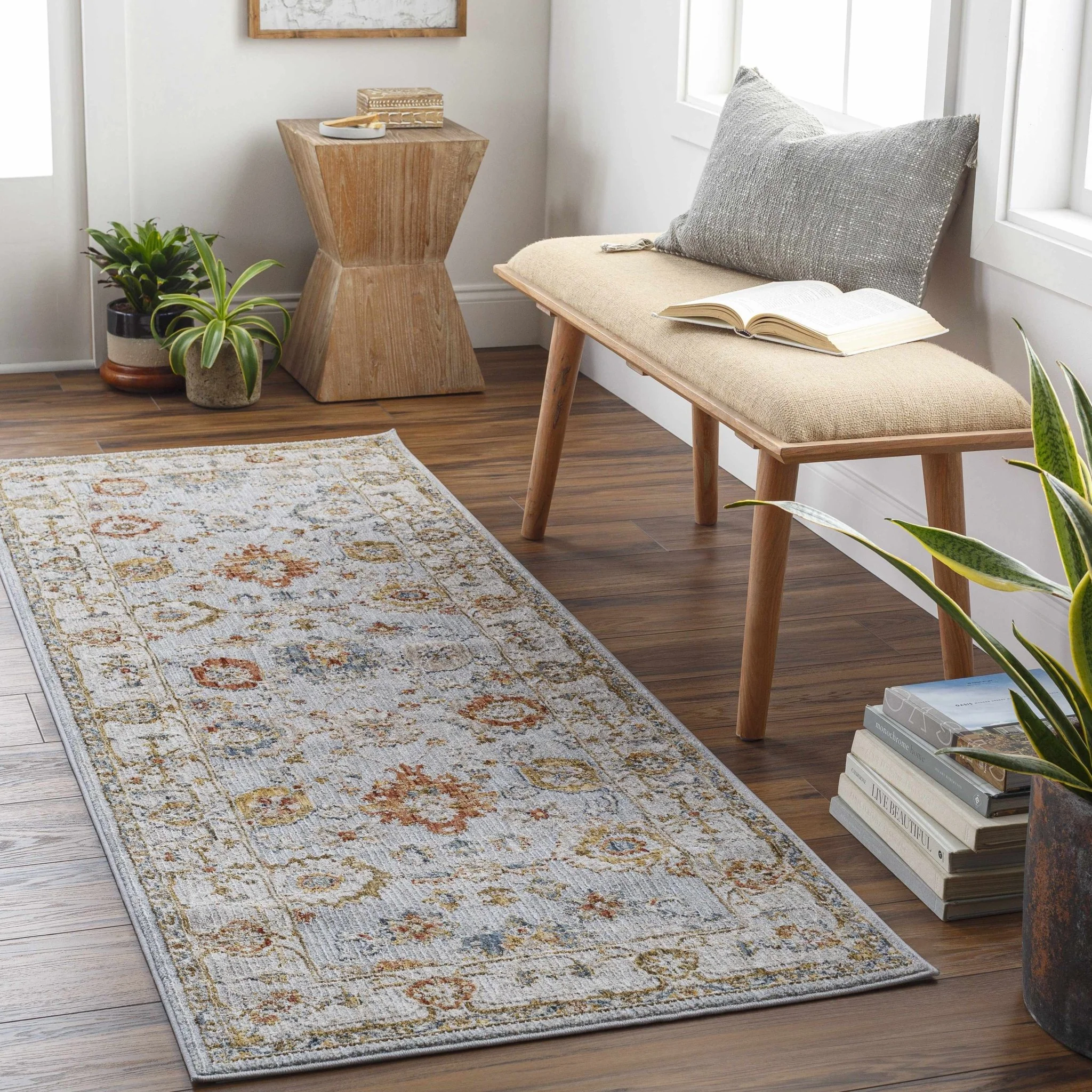 Traditional Oushak Style Cream Machine Woven Rug - Image 7