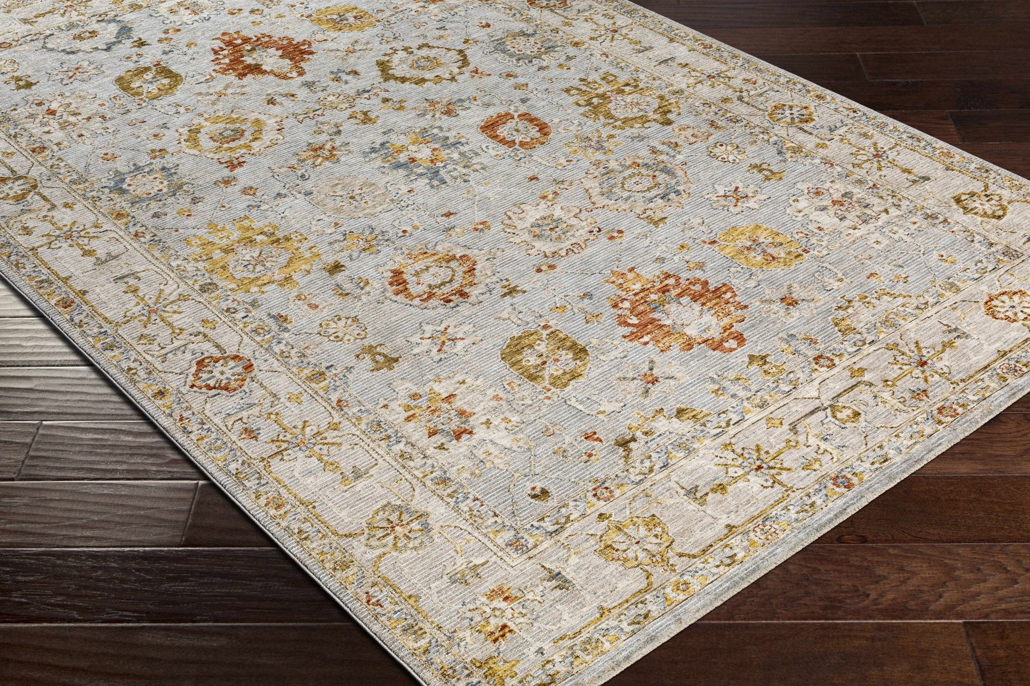 Traditional Oushak Style Cream Machine Woven Rug - Image 8