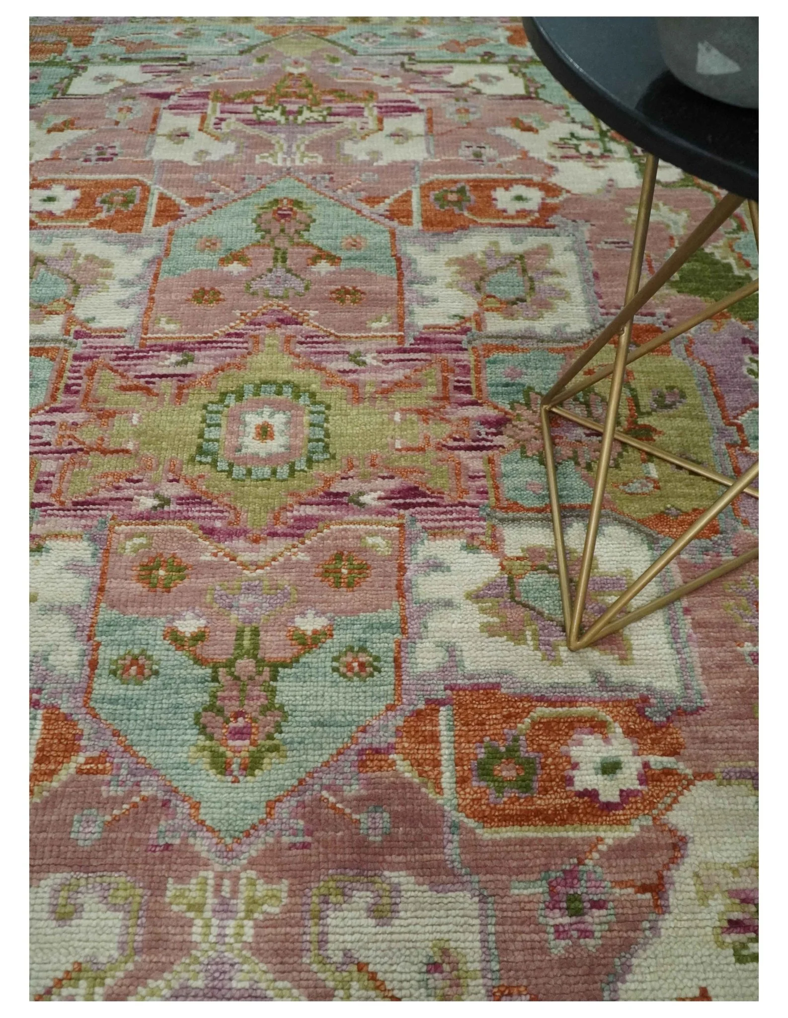 Custom Made Transitional Pink, Green and Ivory Turkish Design wool Area Rug - Image 2