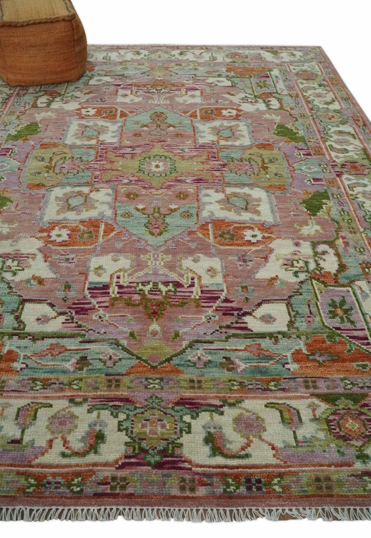 Custom Made Transitional Pink, Green and Ivory Turkish Design wool Area Rug - Image 3