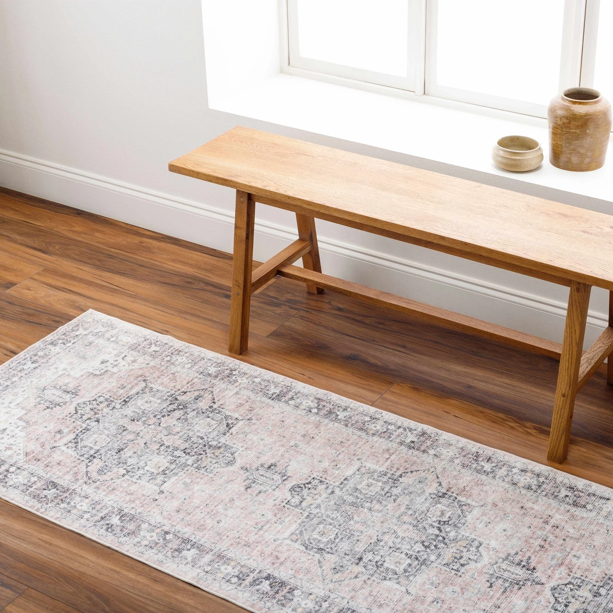 Traditional Heriz Peach, Ivory and Charcoal Medallion Design Washable Area Rug - Image 10