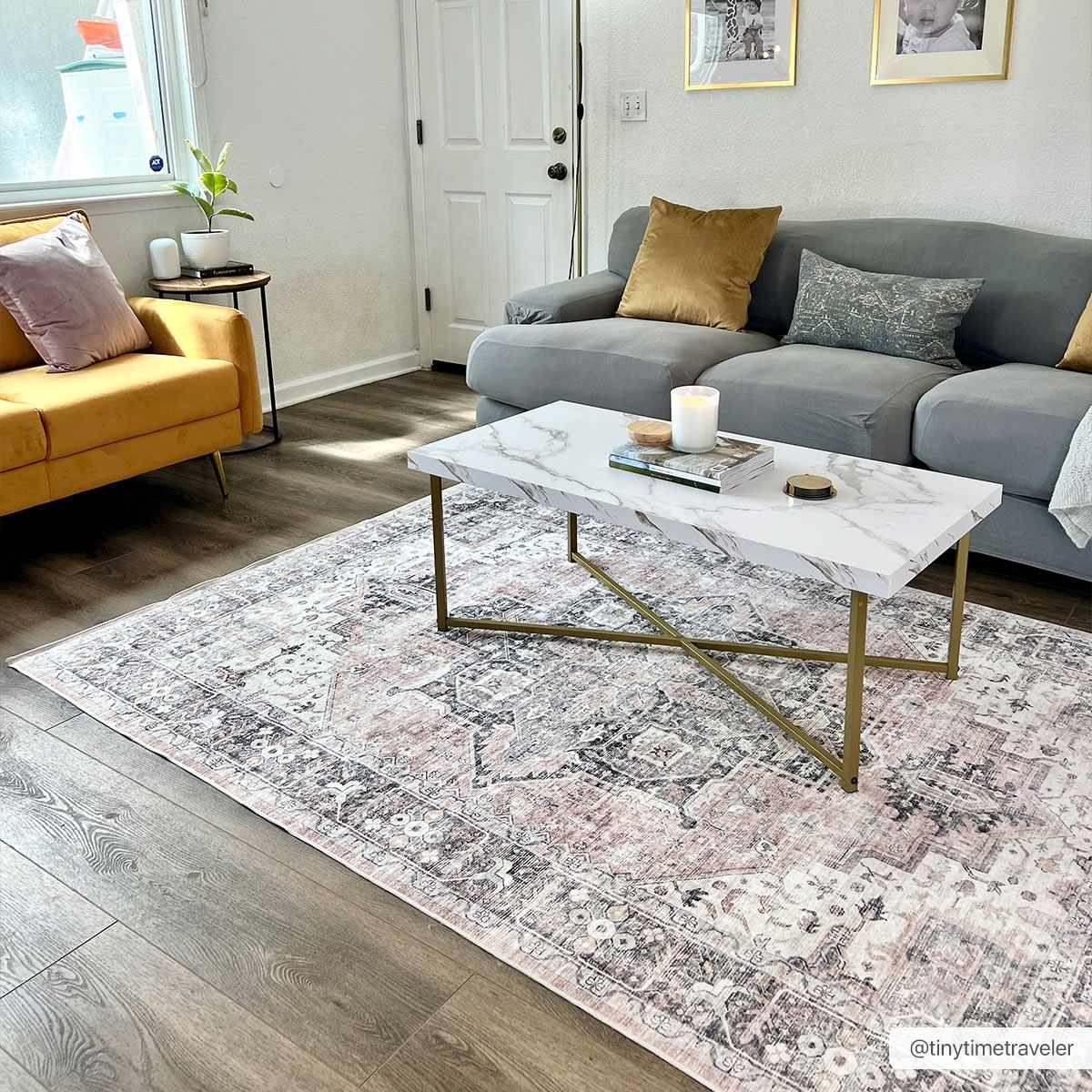 Traditional Heriz Peach, Ivory and Charcoal Medallion Design Washable Area Rug - Image 2