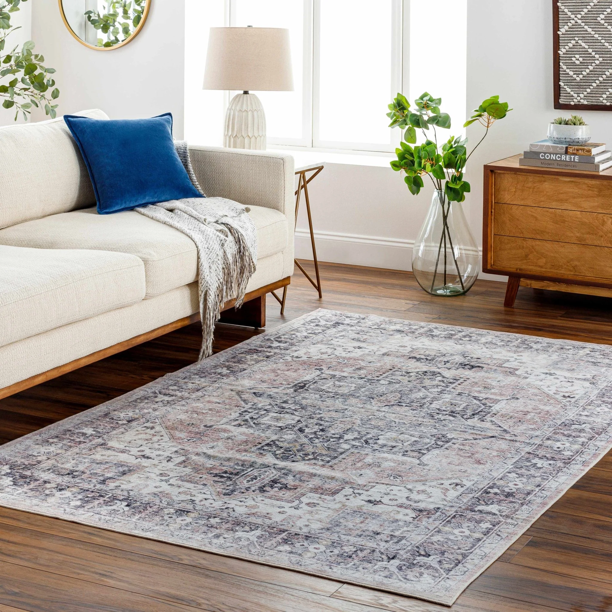 Traditional Heriz Peach, Ivory and Charcoal Medallion Design Washable Area Rug - Image 3
