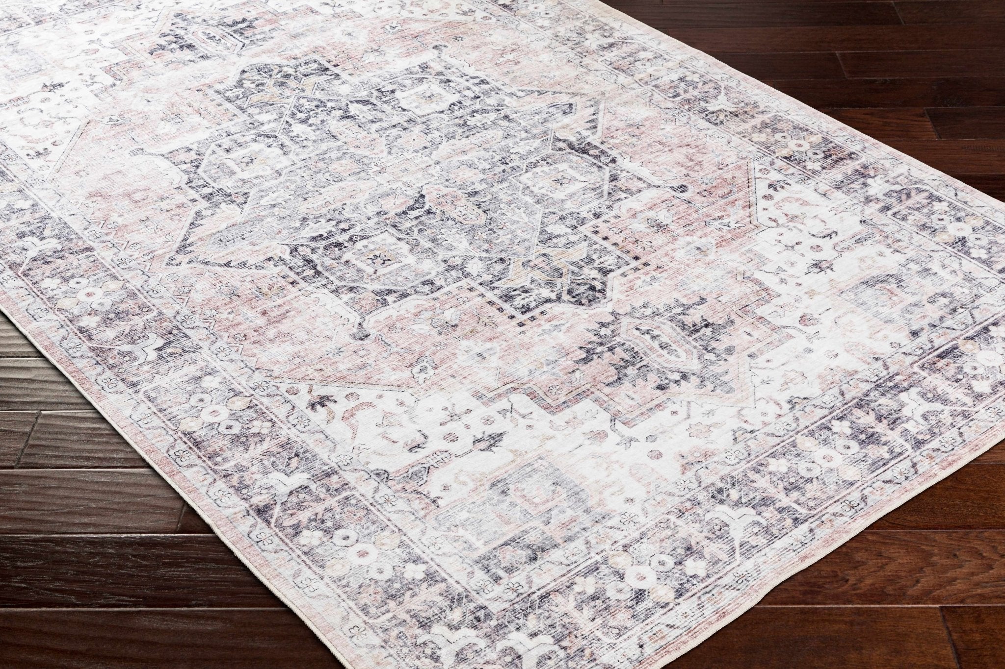 Traditional Heriz Peach, Ivory and Charcoal Medallion Design Washable Area Rug - Image 4