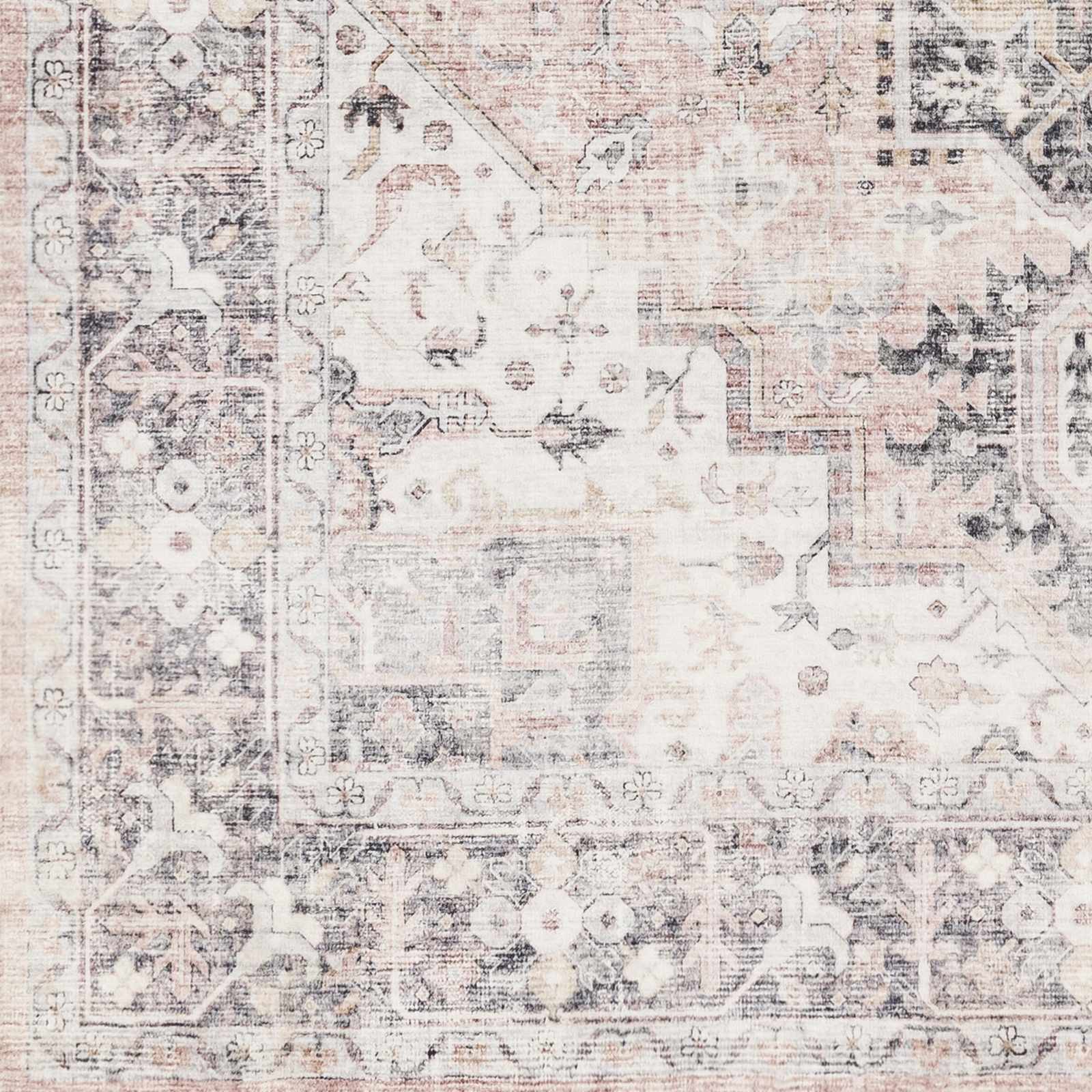 Traditional Heriz Peach, Ivory and Charcoal Medallion Design Washable Area Rug - Image 5