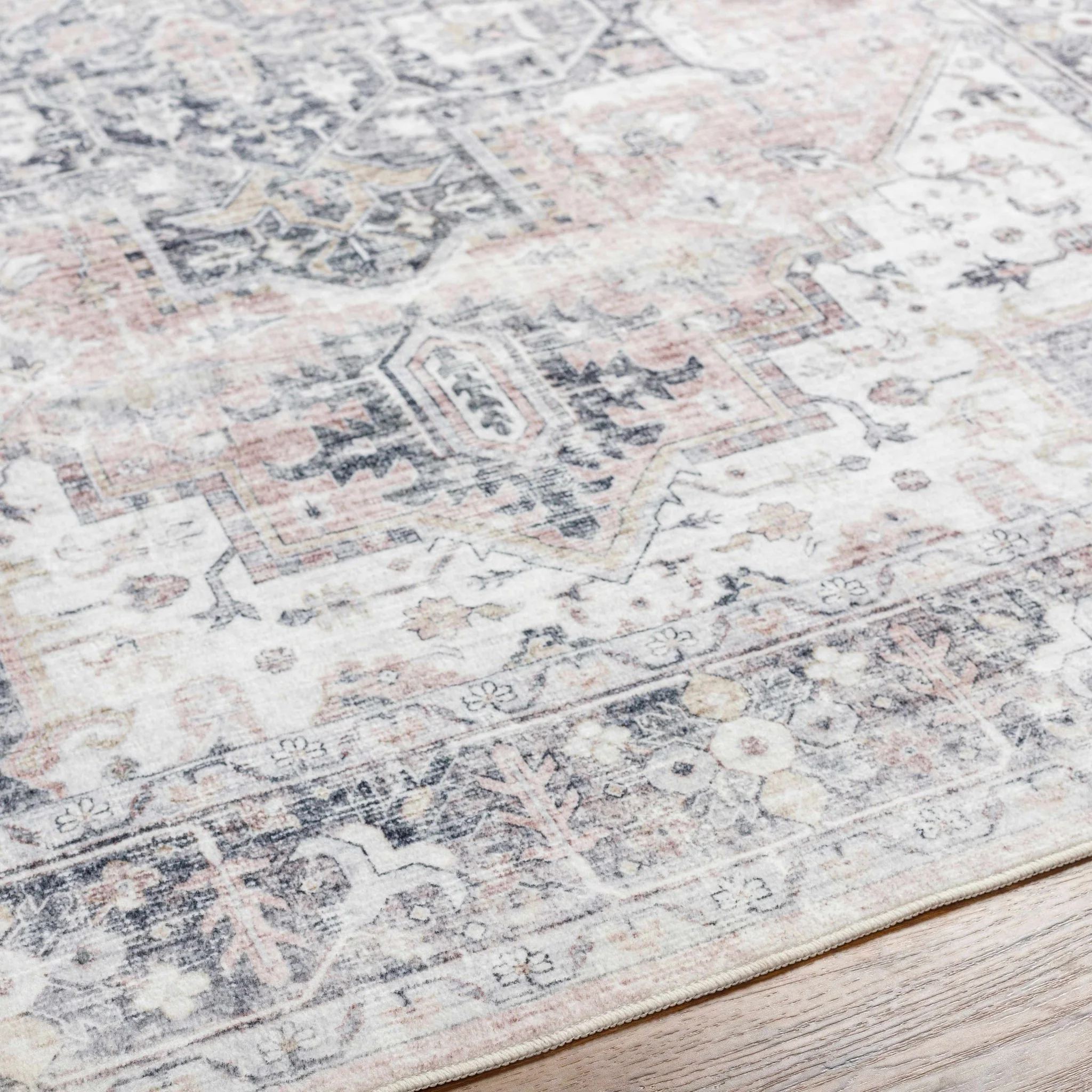 Traditional Heriz Peach, Ivory and Charcoal Medallion Design Washable Area Rug - Image 6