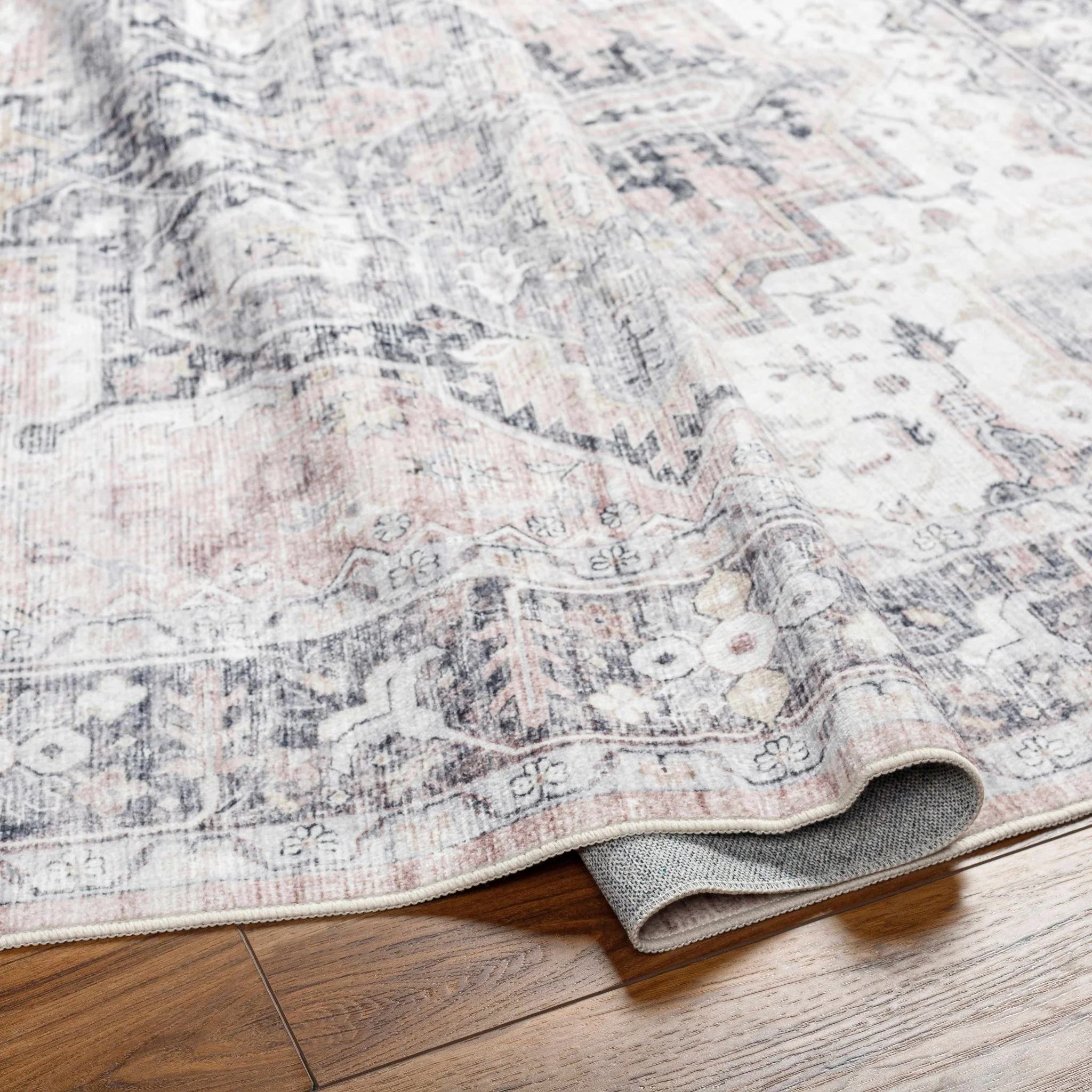 Traditional Heriz Peach, Ivory and Charcoal Medallion Design Washable Area Rug - Image 7