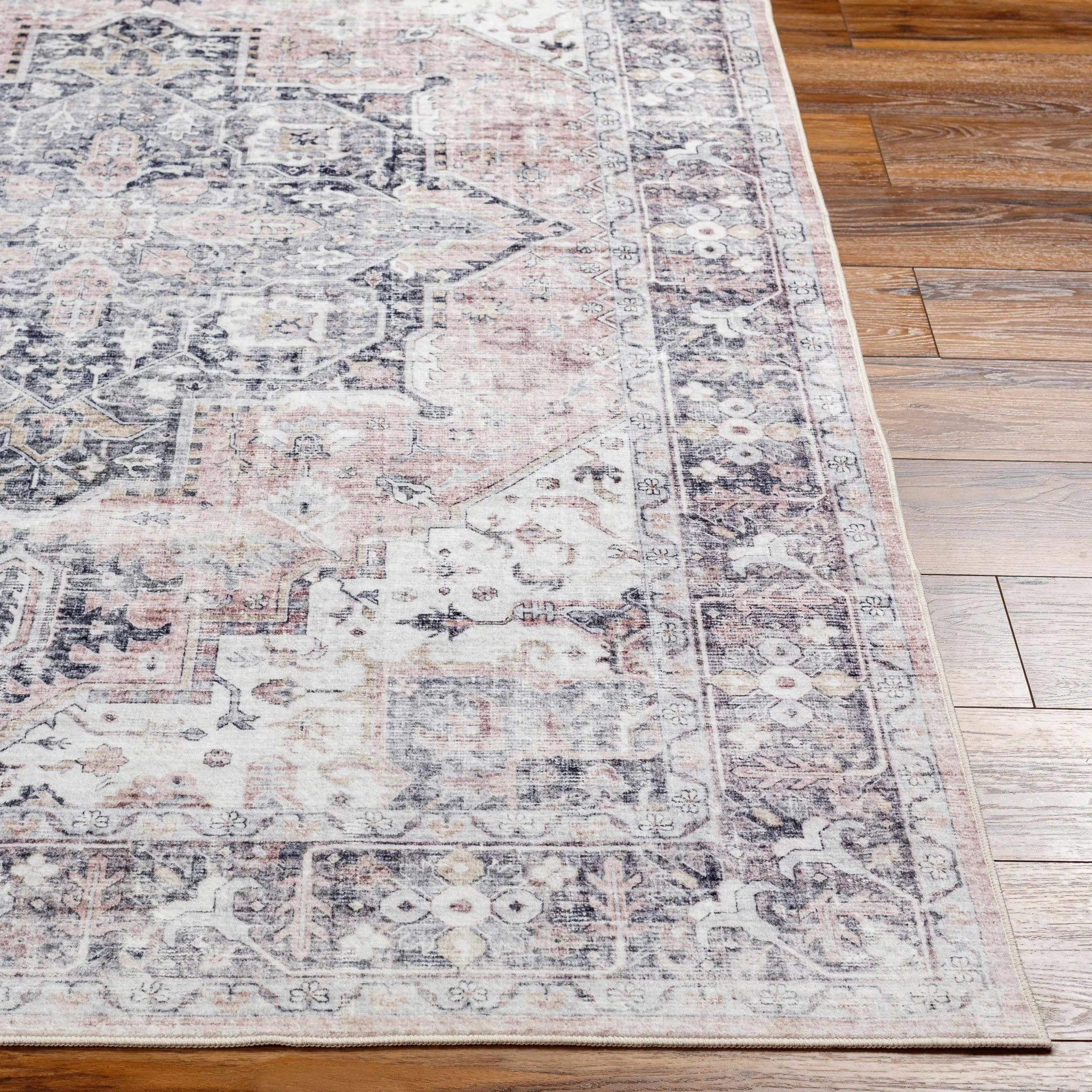 Traditional Heriz Peach, Ivory and Charcoal Medallion Design Washable Area Rug - Image 8