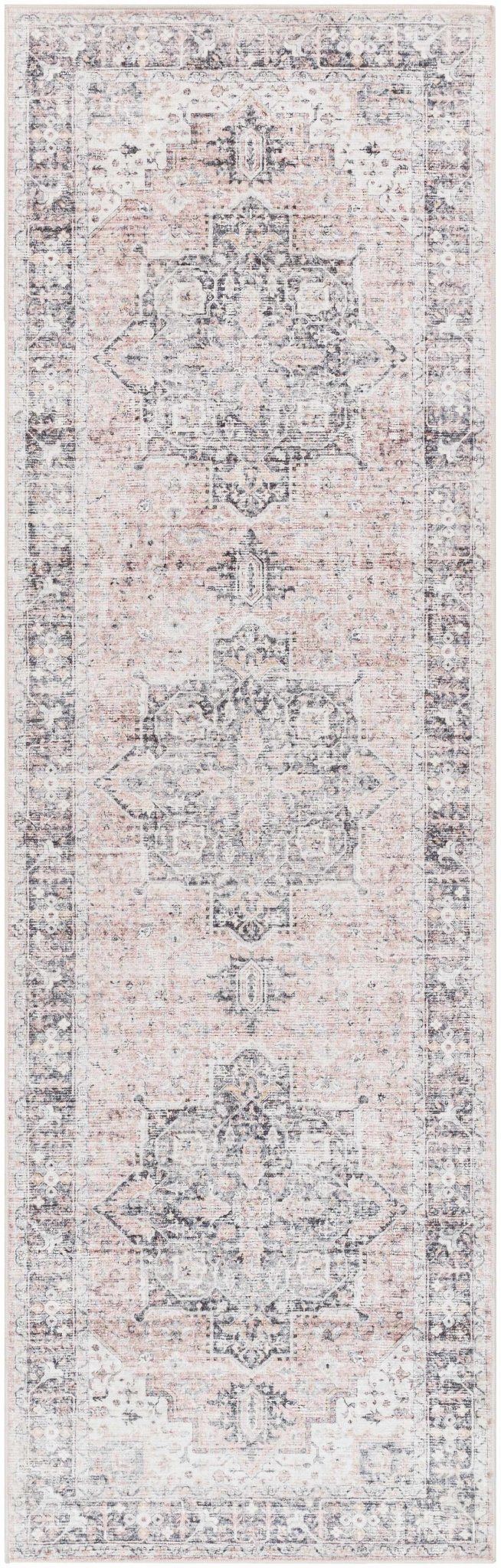 Traditional Heriz Peach, Ivory and Charcoal Medallion Design Washable Area Rug - Image 9