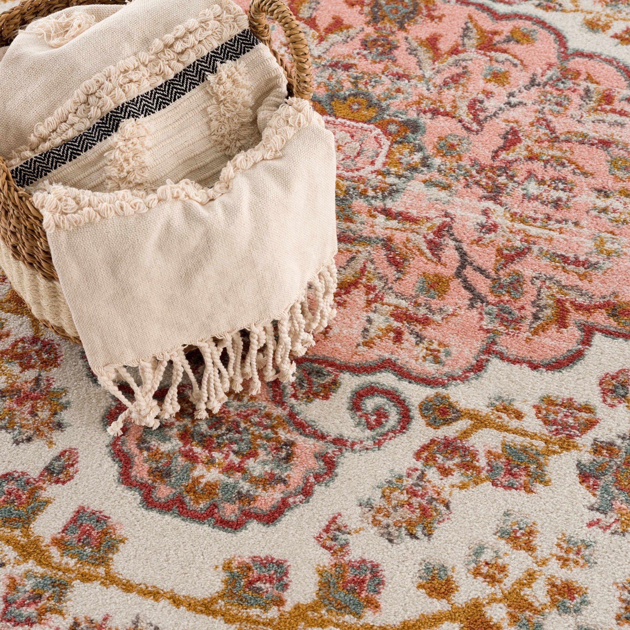 Traditional Peach, Ivory, Brown and Gold Medium Pile Medallion Design Area Rug - Image 11