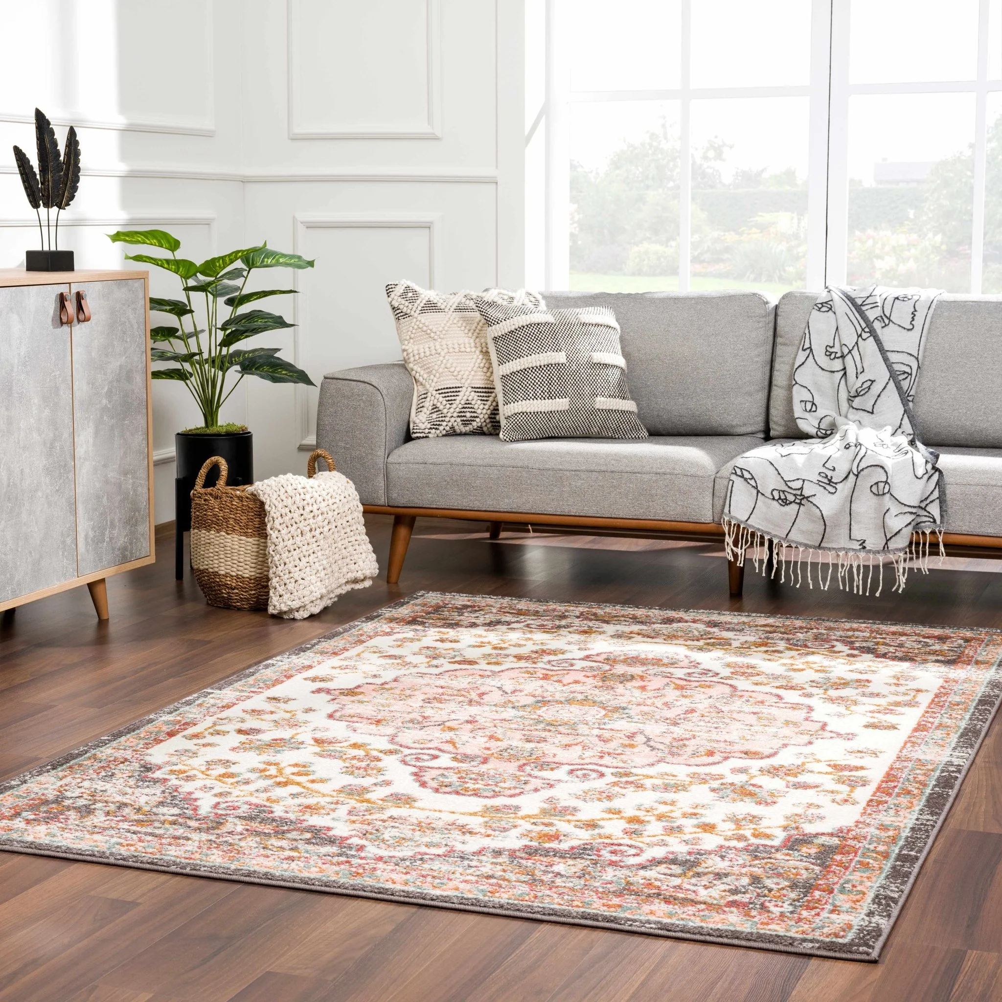Traditional Peach, Ivory, Brown and Gold Medium Pile Medallion Design Area Rug - Image 12