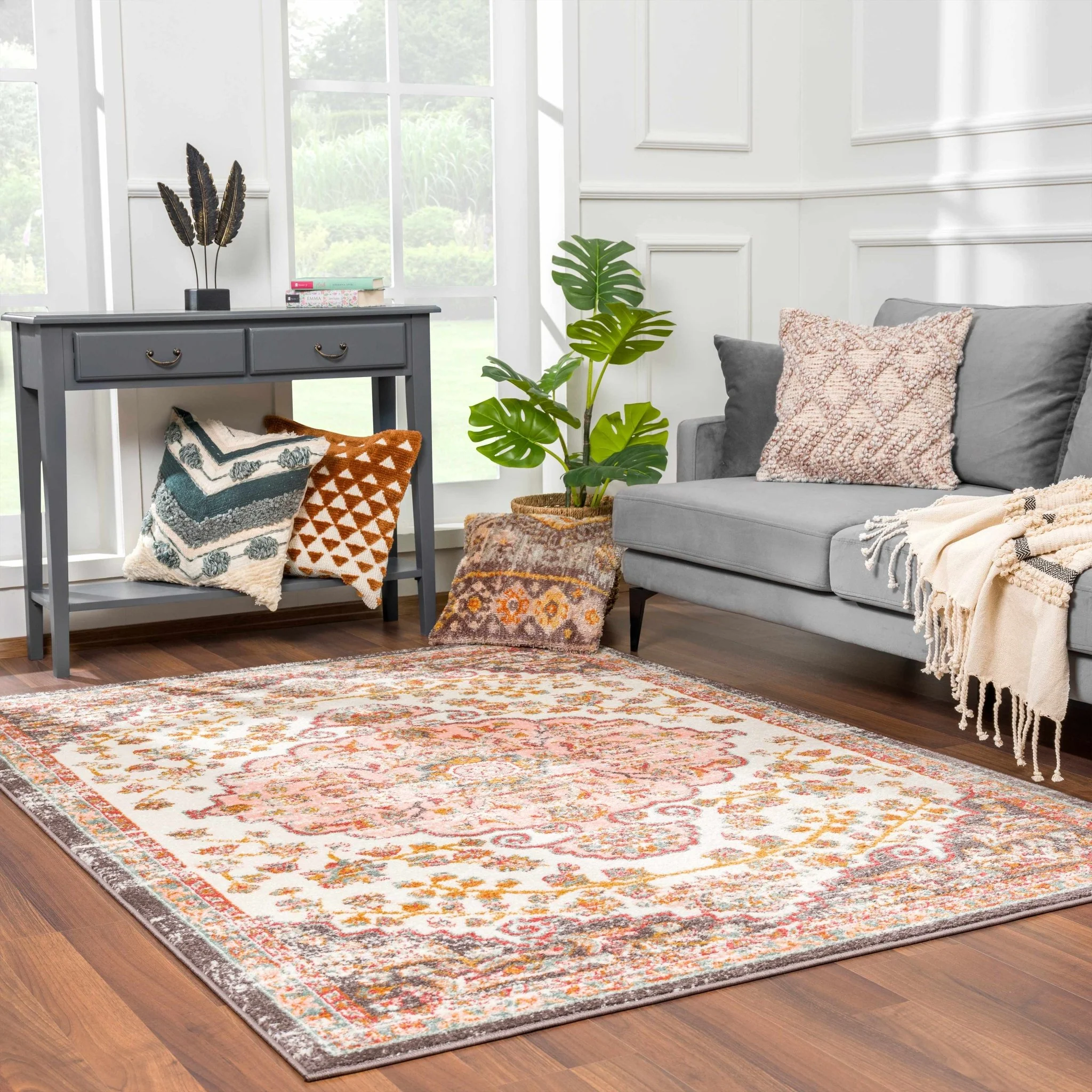 Traditional Peach, Ivory, Brown and Gold Medium Pile Medallion Design Area Rug - Image 13