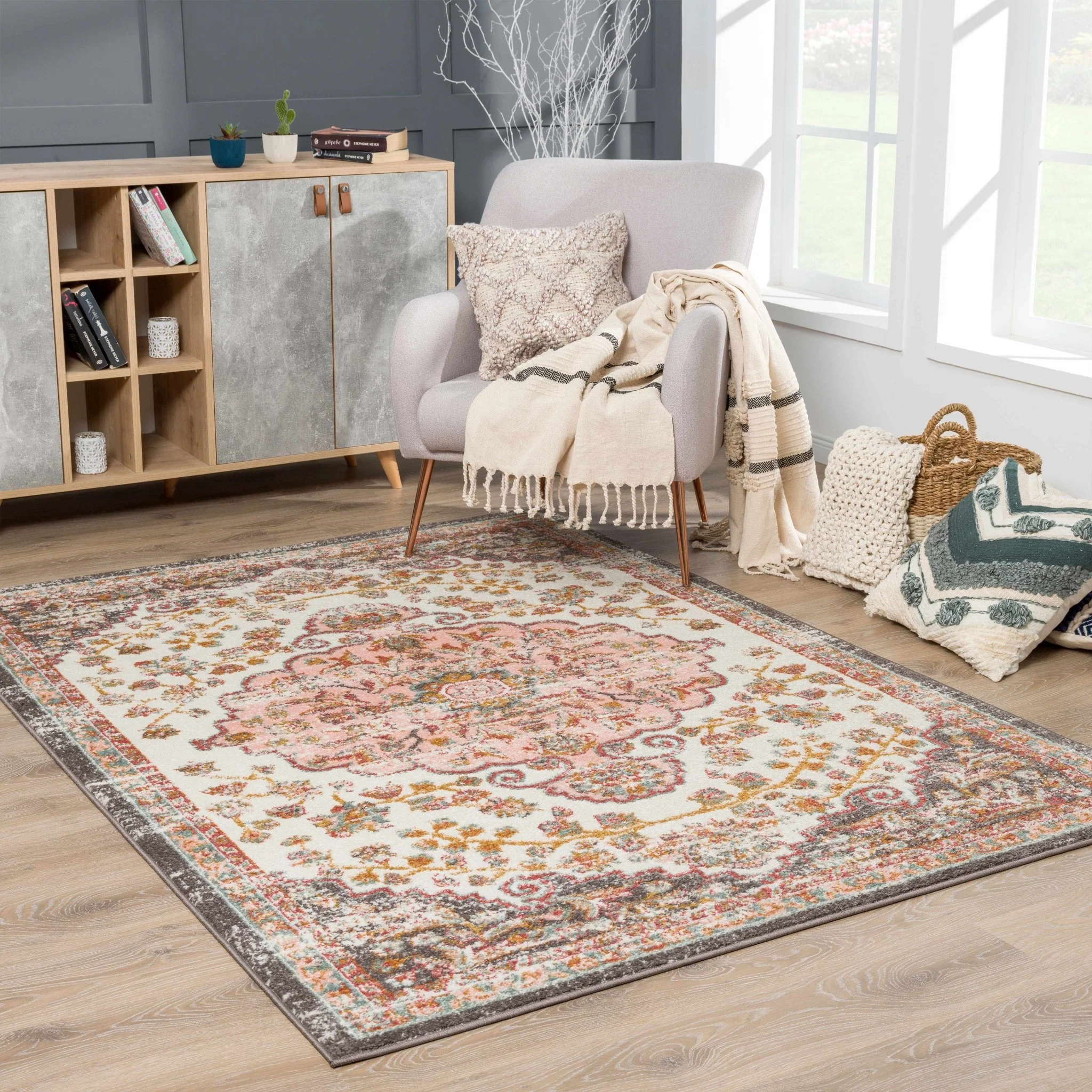 Traditional Peach, Ivory, Brown and Gold Medium Pile Medallion Design Area Rug - Image 2