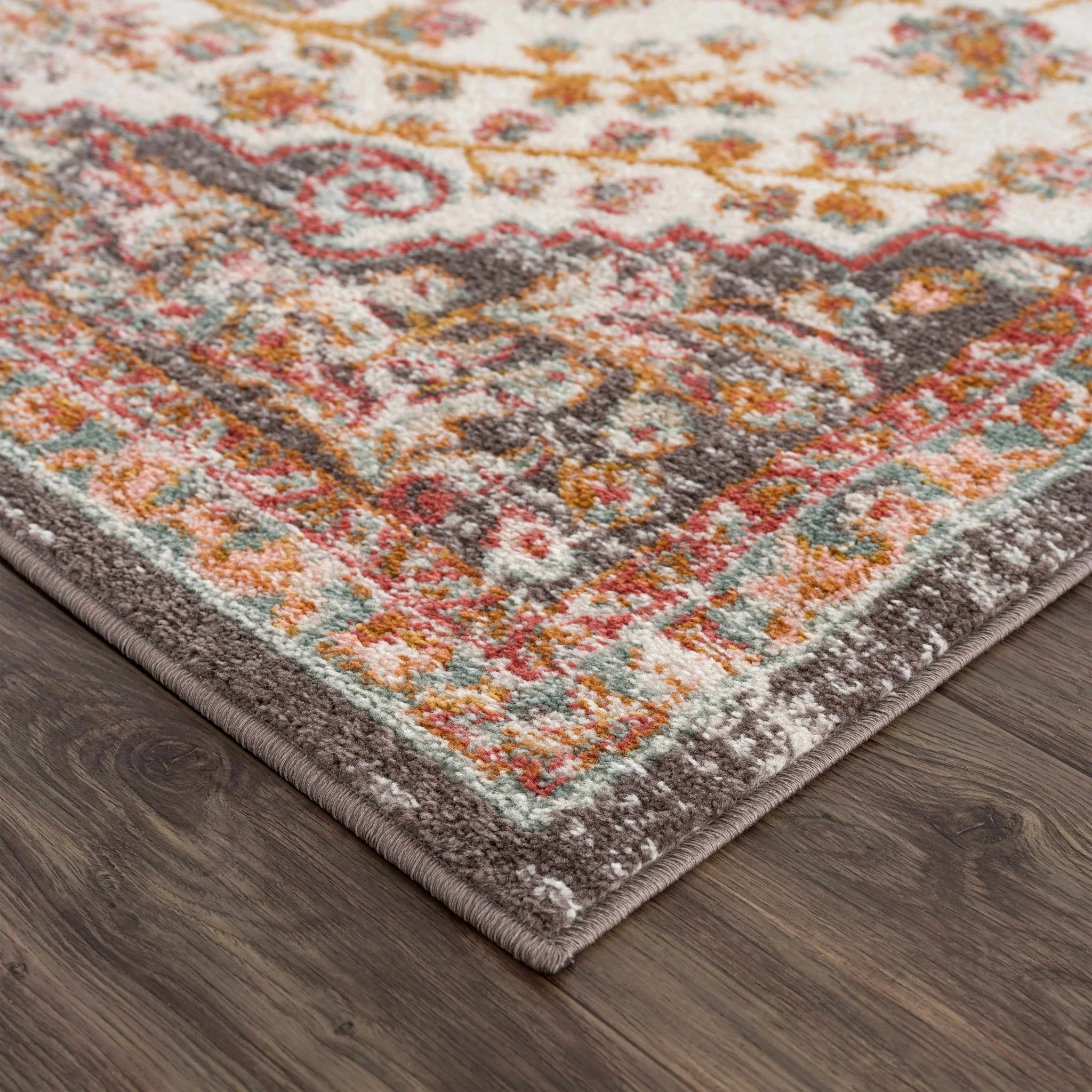 Traditional Peach, Ivory, Brown and Gold Medium Pile Medallion Design Area Rug - Image 3