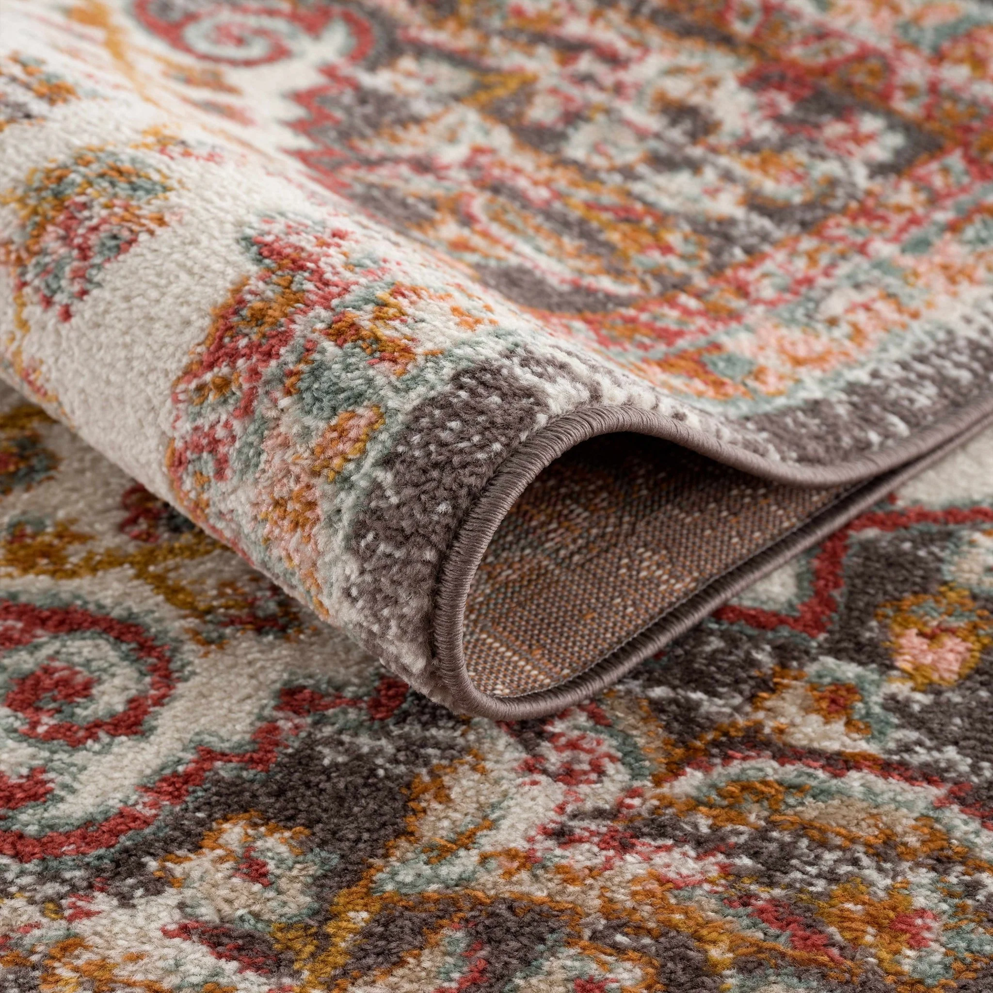 Traditional Peach, Ivory, Brown and Gold Medium Pile Medallion Design Area Rug - Image 5