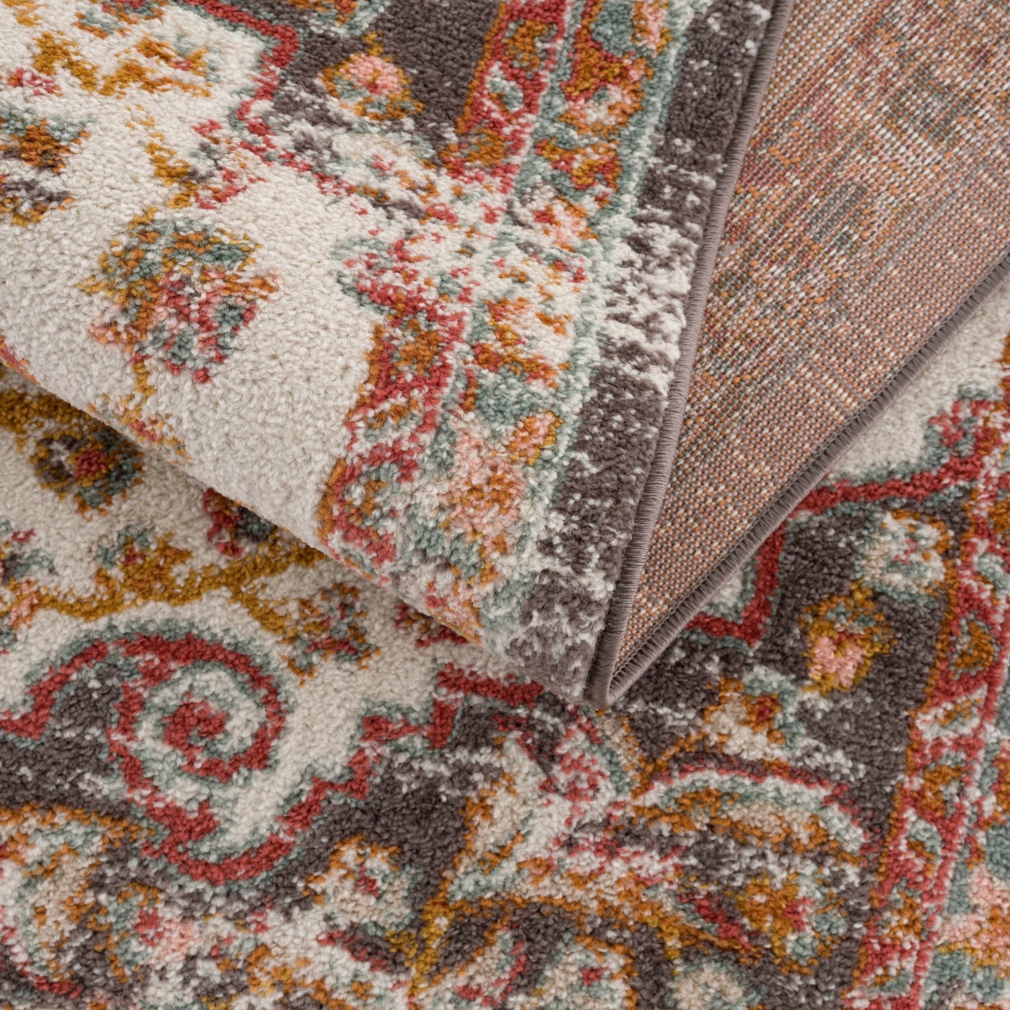 Traditional Peach, Ivory, Brown and Gold Medium Pile Medallion Design Area Rug - Image 6