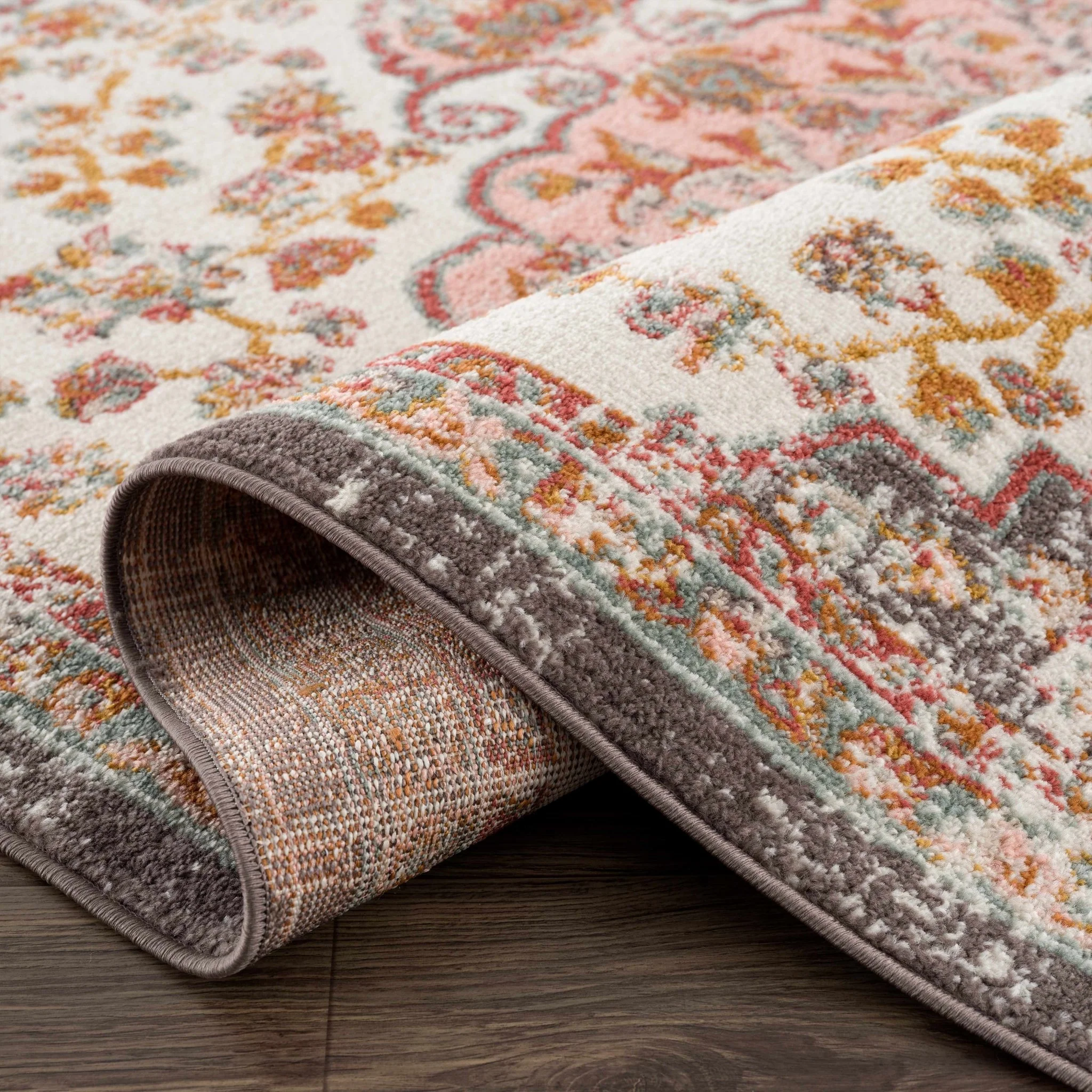 Traditional Peach, Ivory, Brown and Gold Medium Pile Medallion Design Area Rug - Image 7